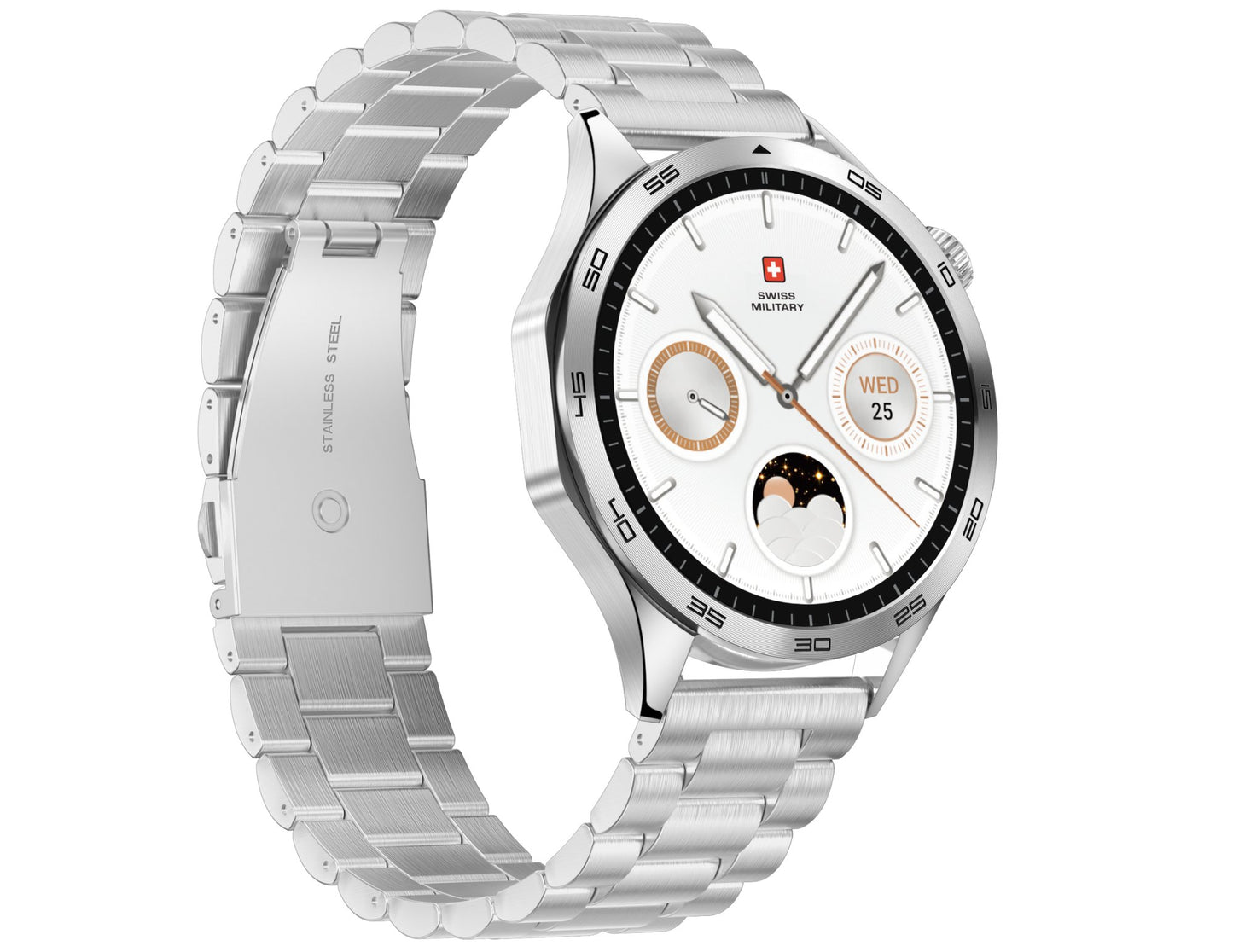 Silver smartwatch with a detailed face on a white background
