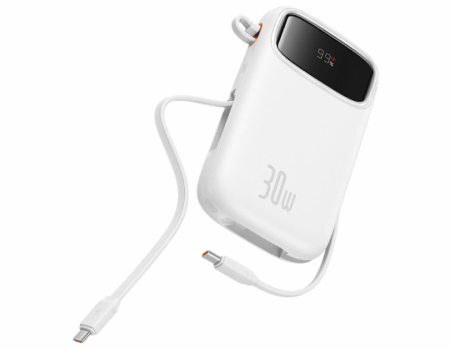 White Baseus Power Bank device with a cable on a white background