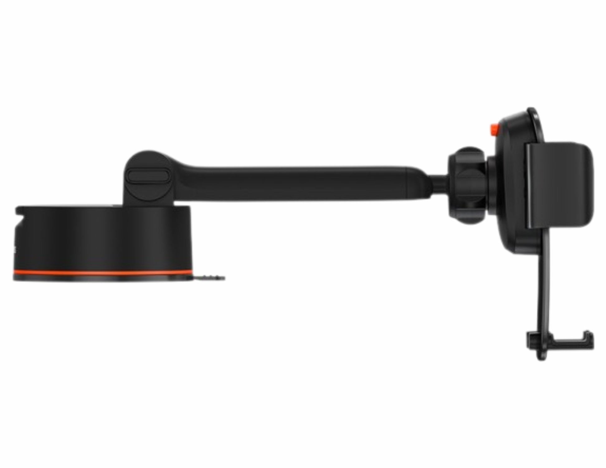 Black adjustable arm with a clamp on a white background