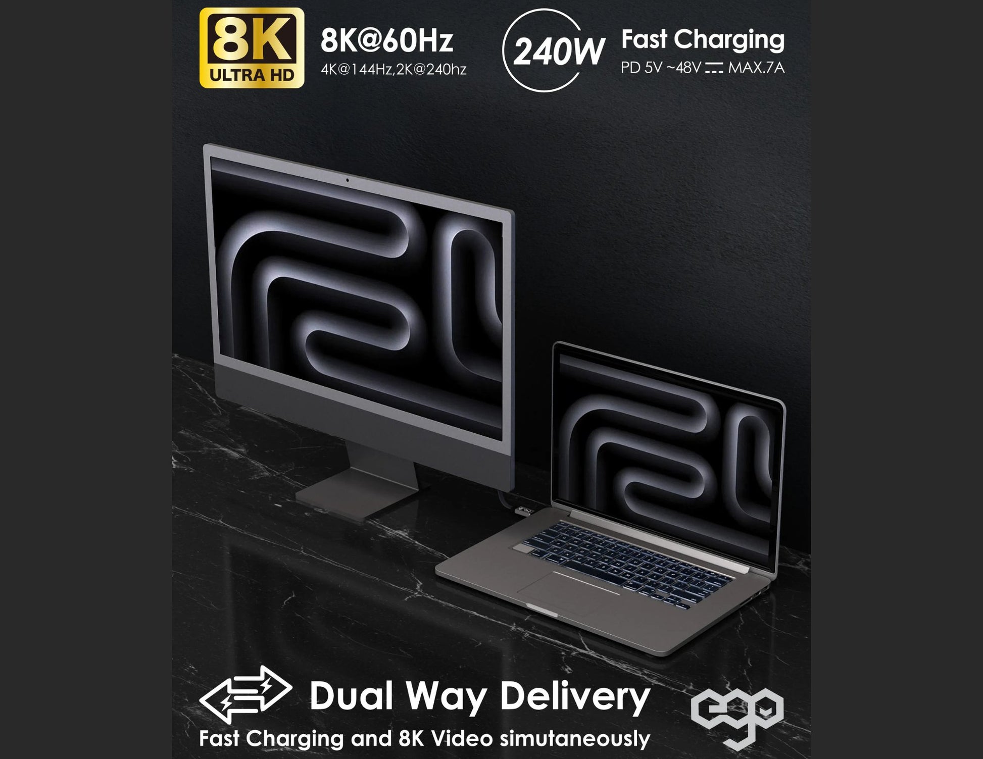 Laptop and monitor with 8K display and fast charging features on a dark background