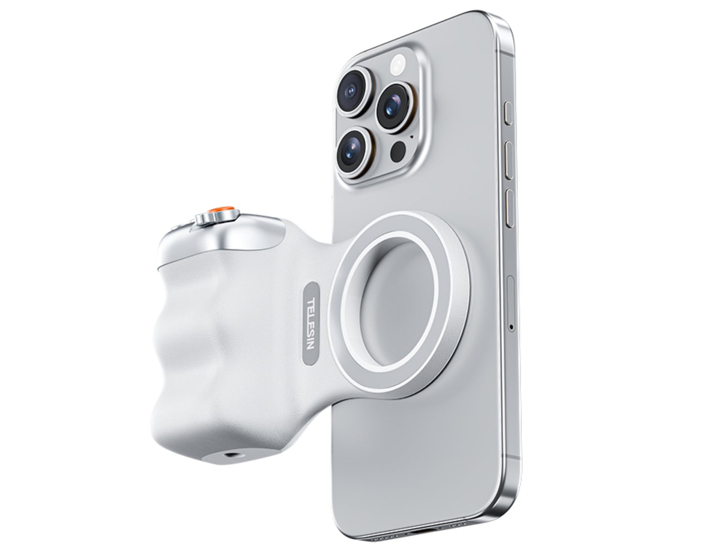 Smartphone with a white magnetic ring stand on a white background