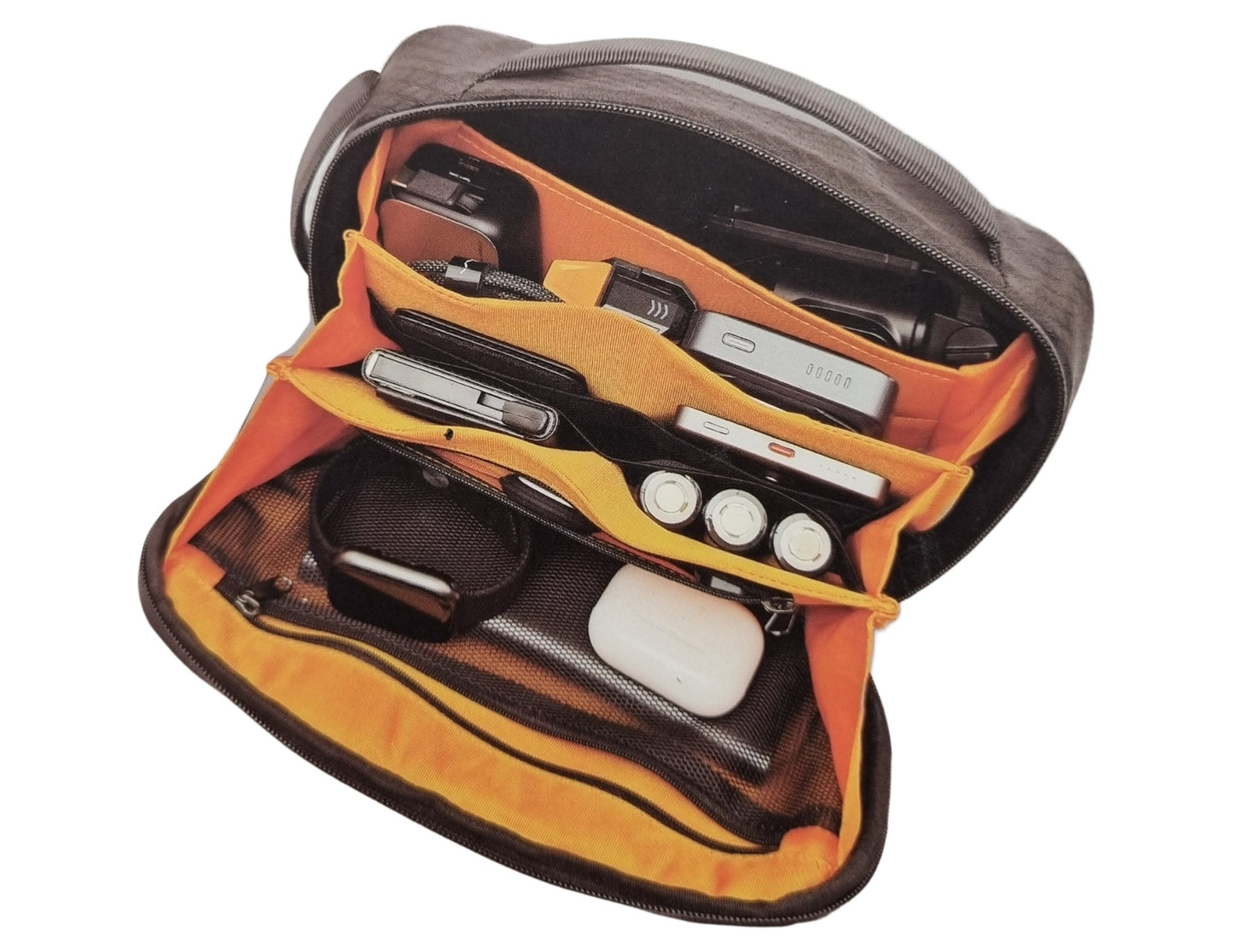 Open Vyvylabs Sorter Pouch Outdoor Waterproof Bag Black – VLXZ-BK with electronic devices on a white background