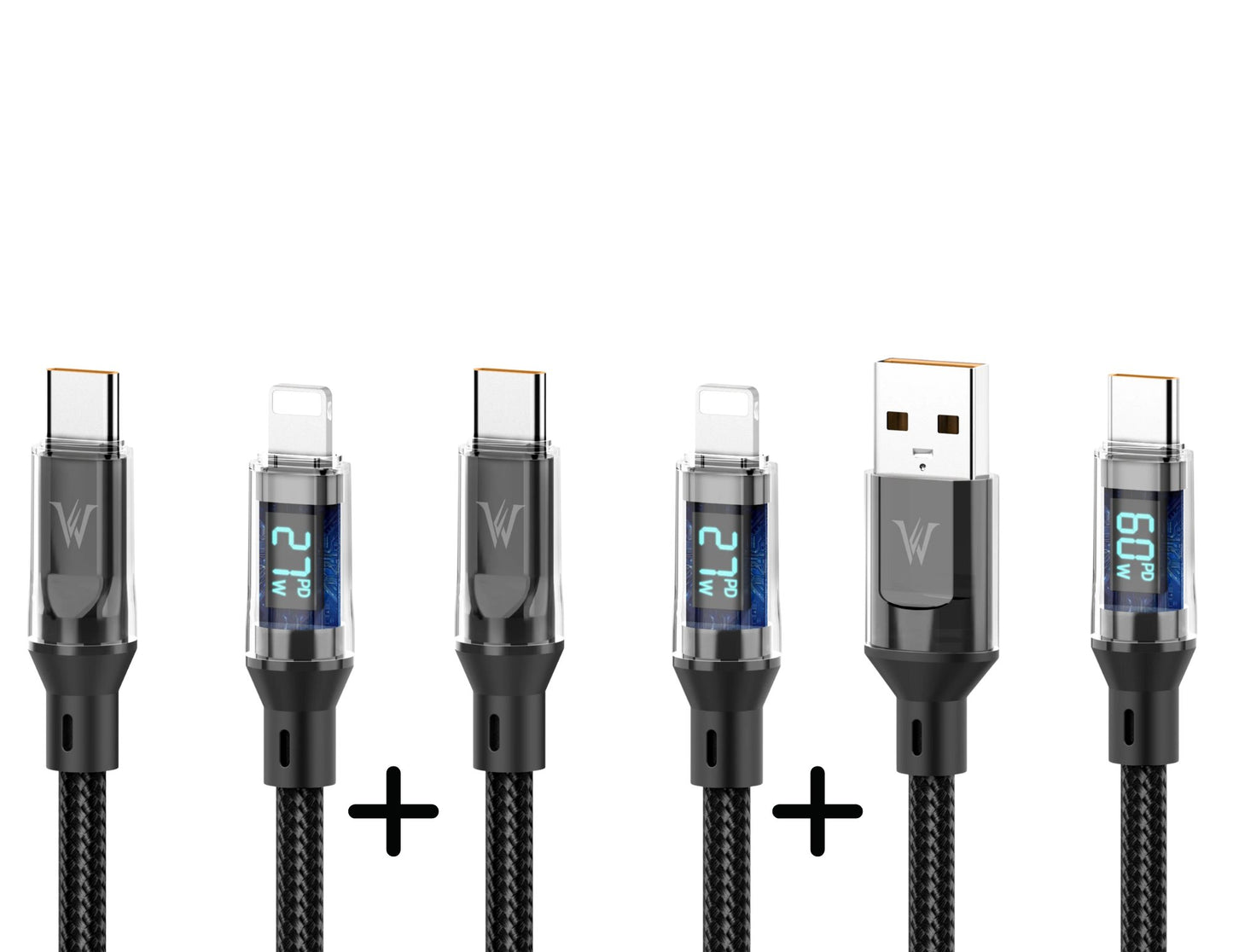 Set of six USB cables with digital displays on a white background