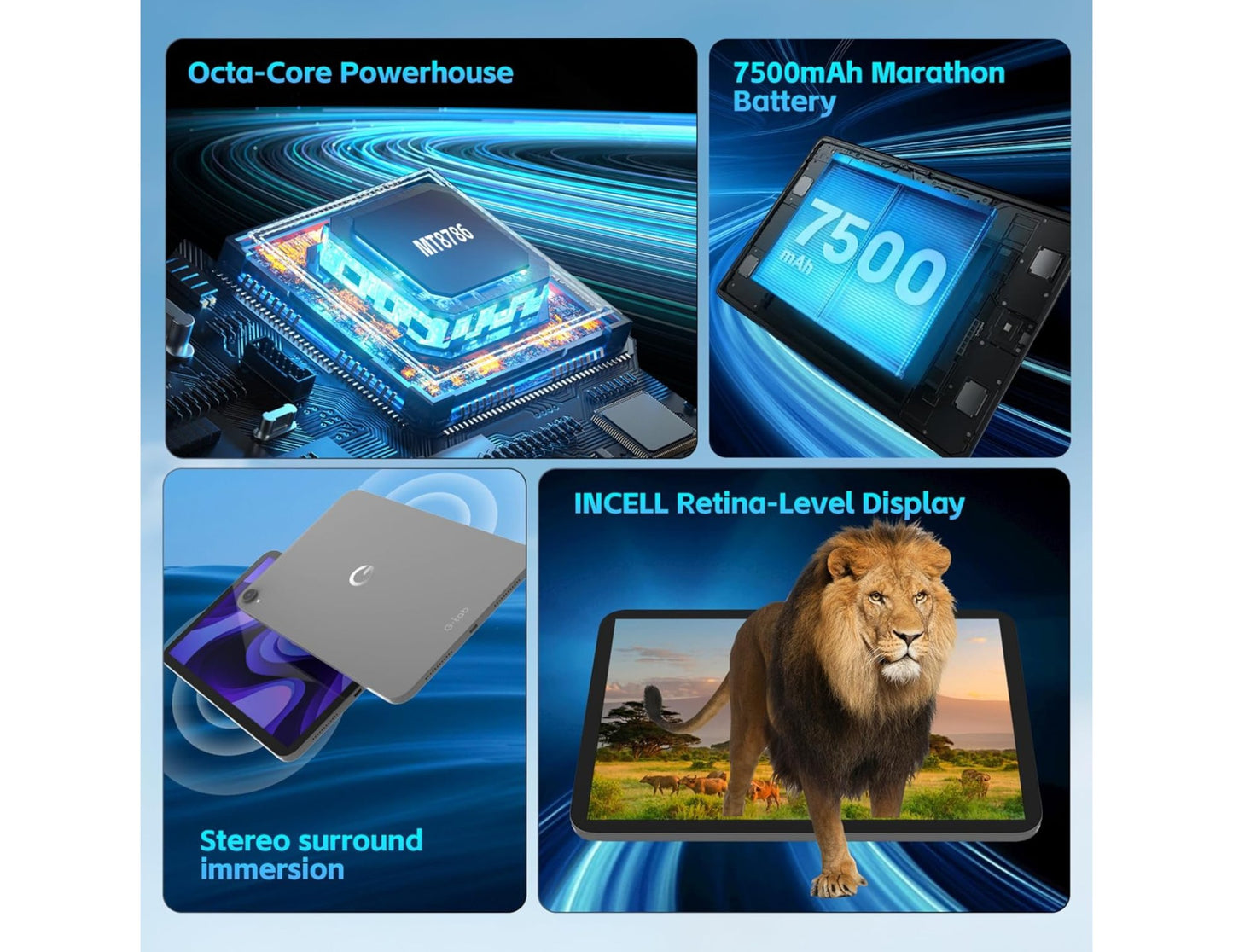G-Tab PAD11 128GB 4G Tablet – 14GB RAM, 10.95" 90Hz – Android 15.0 Product features including octa-core processor, 7500mAh battery, INCELL display, and stereo surround sound on a blue background.