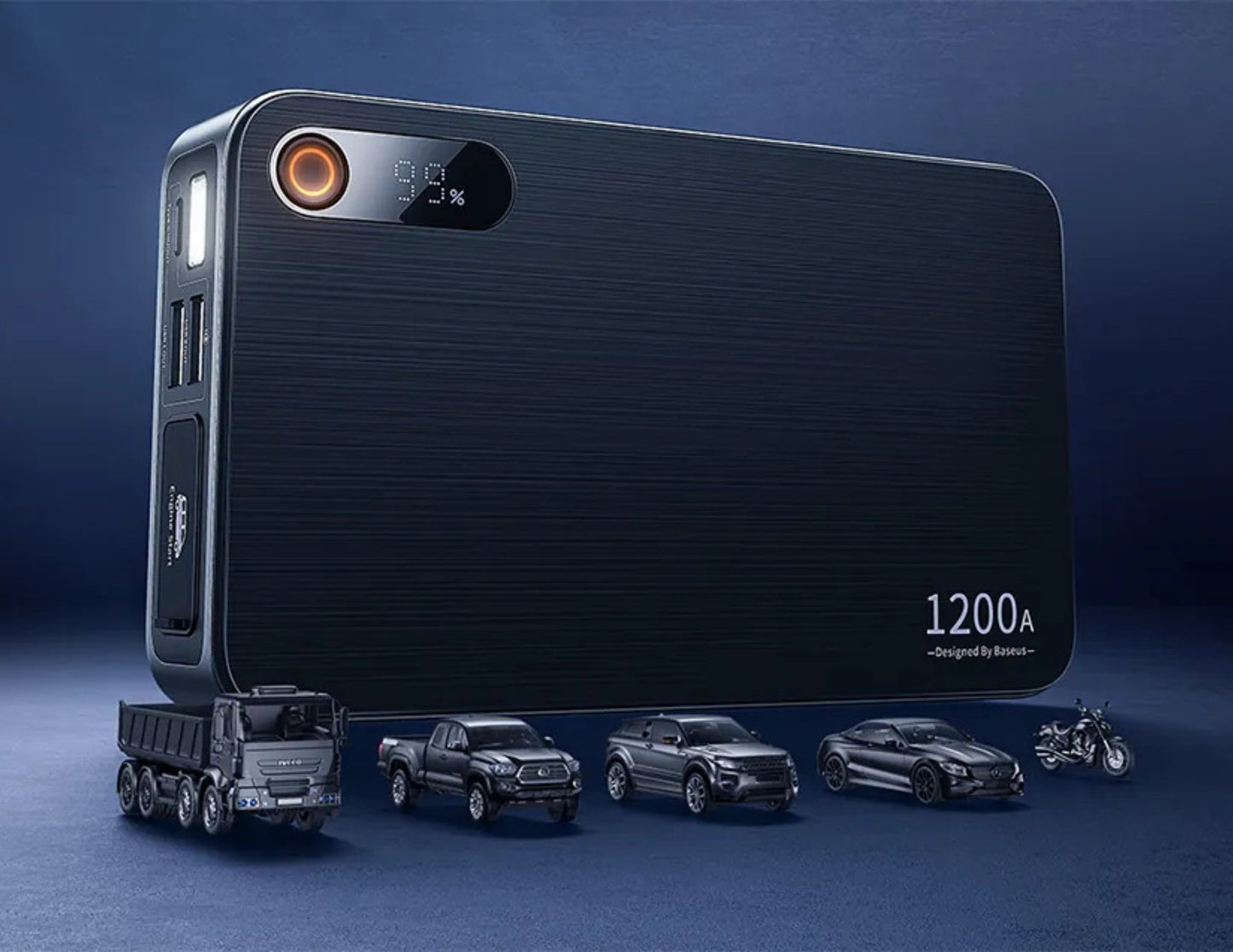 Black power bank with digital display on a dark blue background