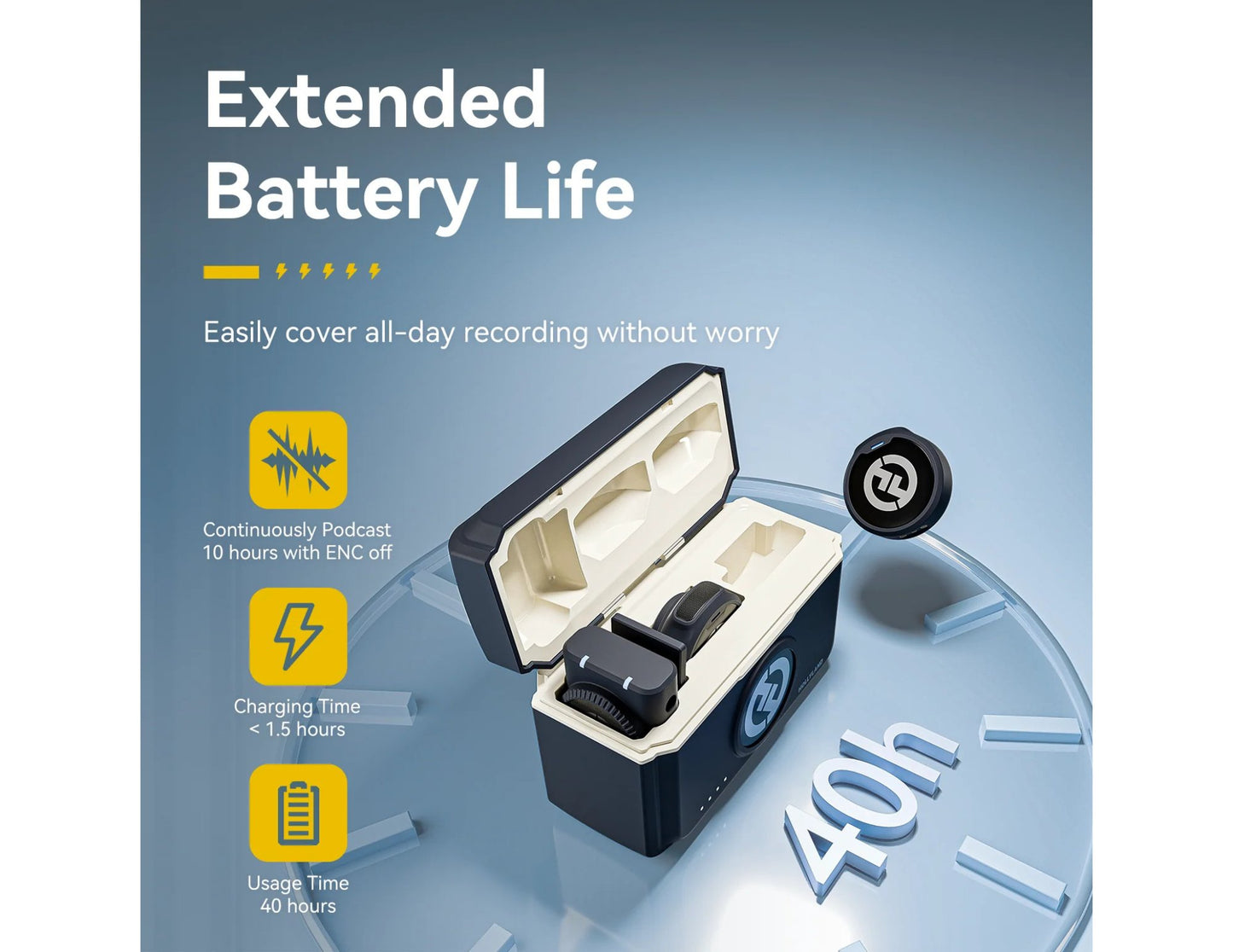 Product packaging with extended battery life features on a blue background
