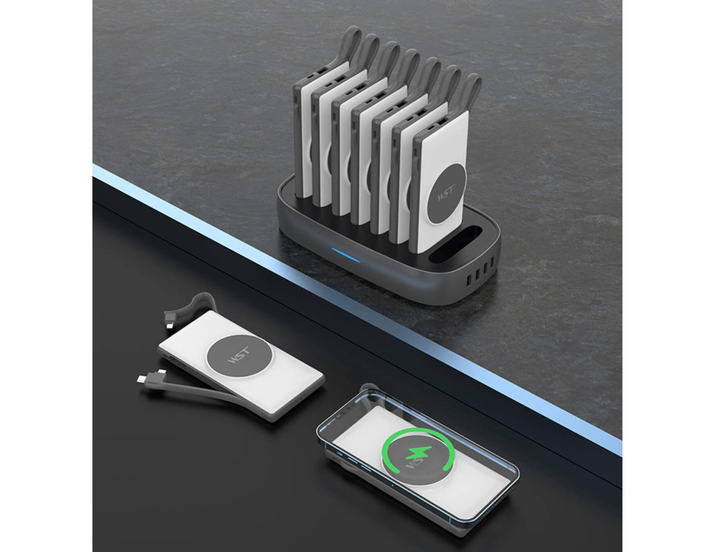 Wireless charging station with devices on a dark surface