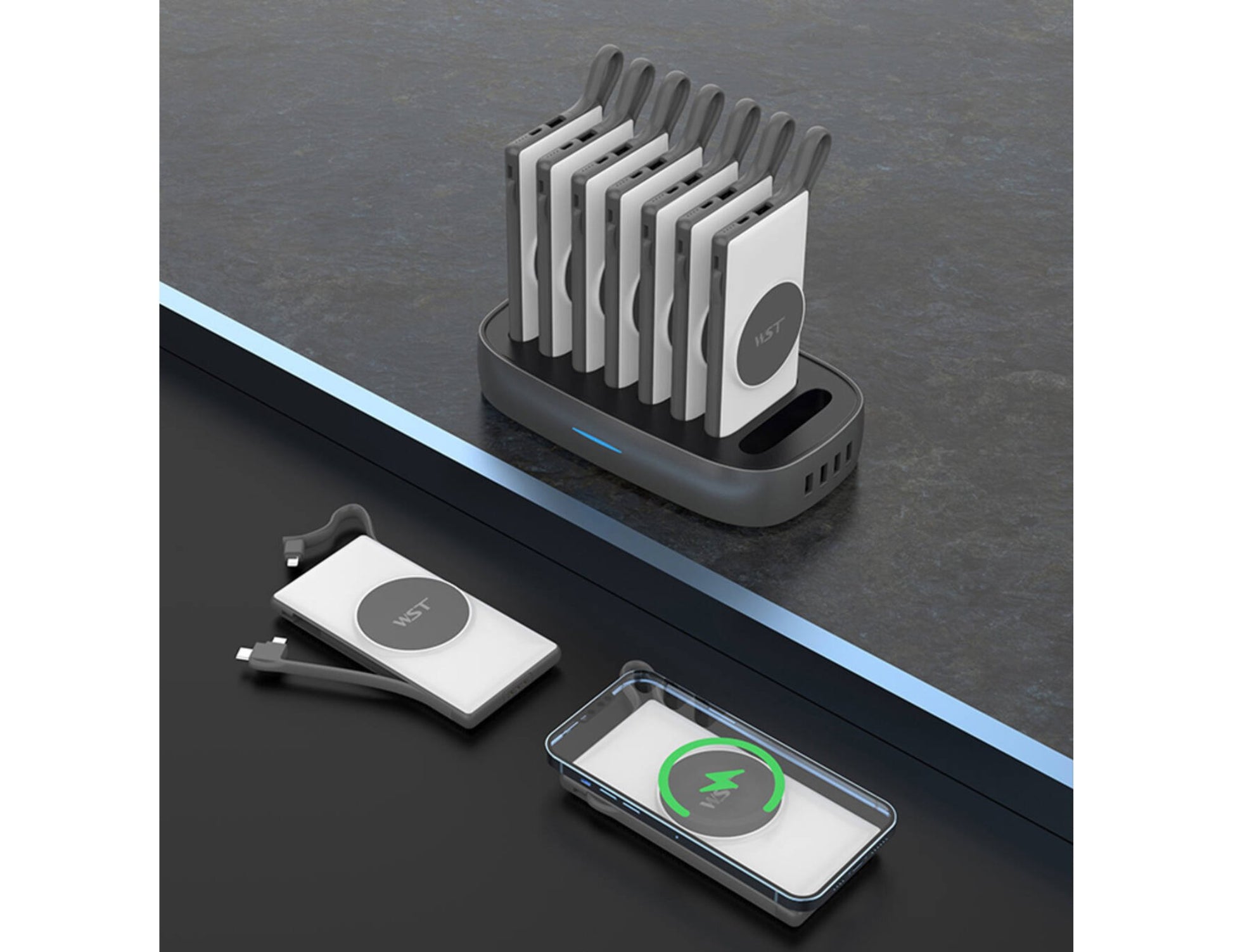 Wireless charging station with devices on a dark surface