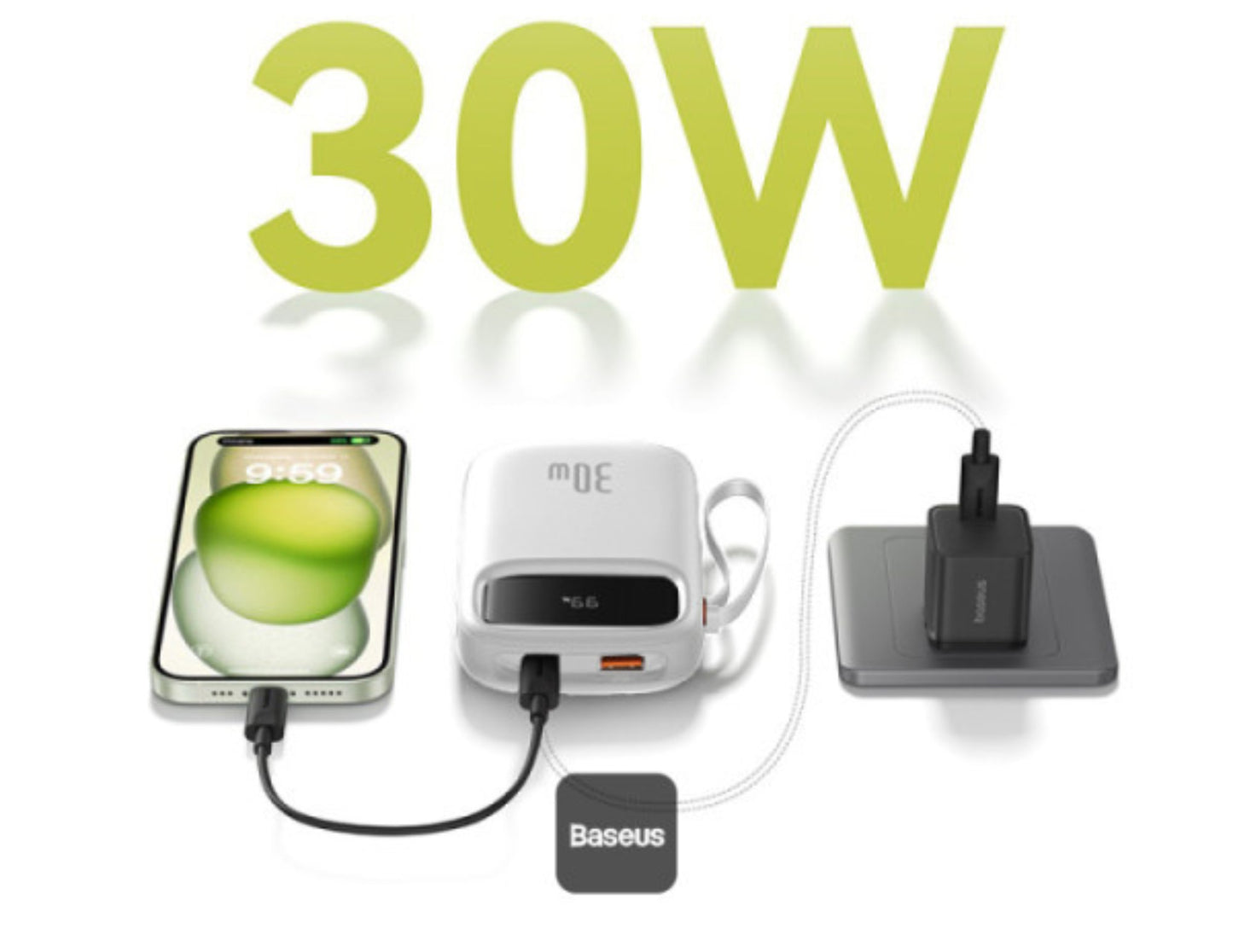 Baseus power adapter with smartphone and cable, displaying '30W' on a white background.