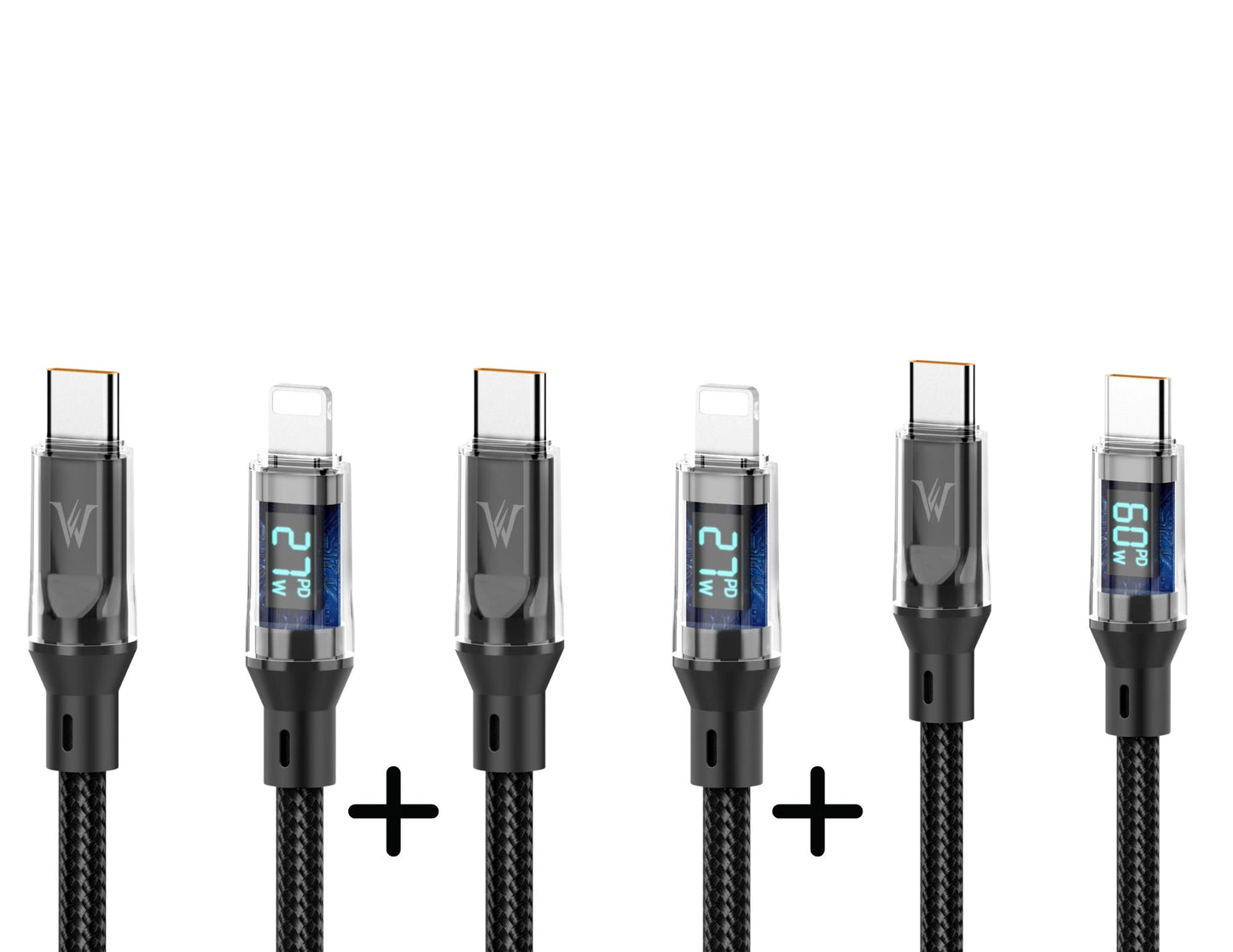 Set of five charging cables with digital displays on a white background