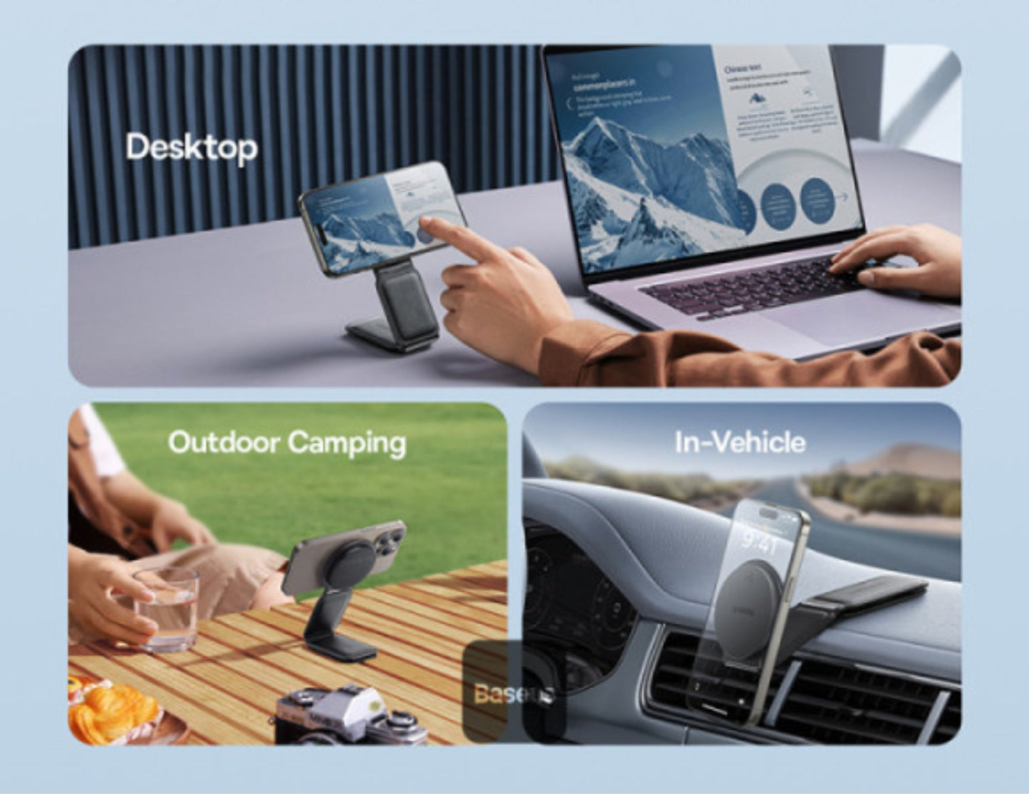 Collage of a person using a smartphone and laptop with different settings: desktop, outdoor camping, and in-vehicle.