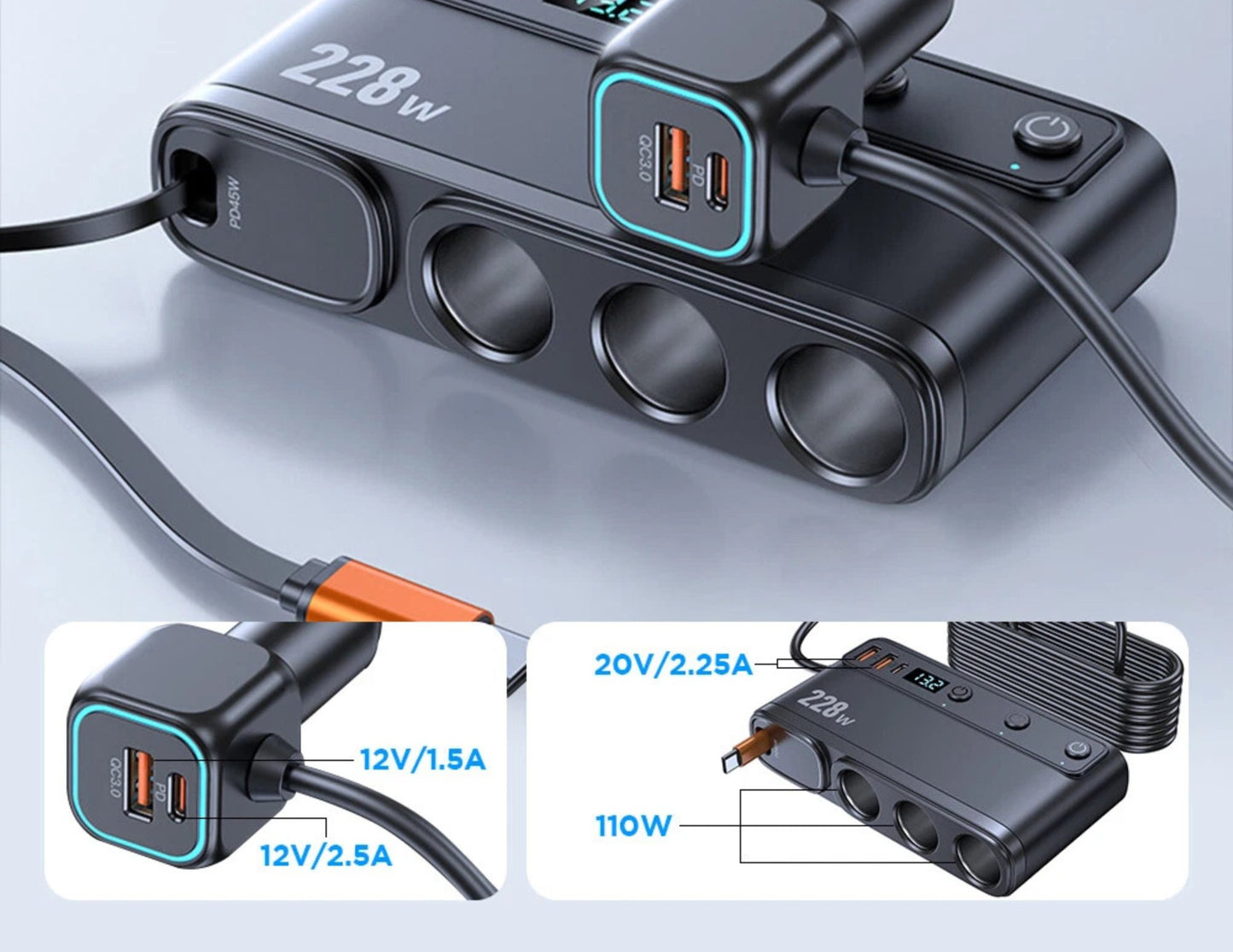 Multi-port charging hub with power cables and specifications on a light gray background