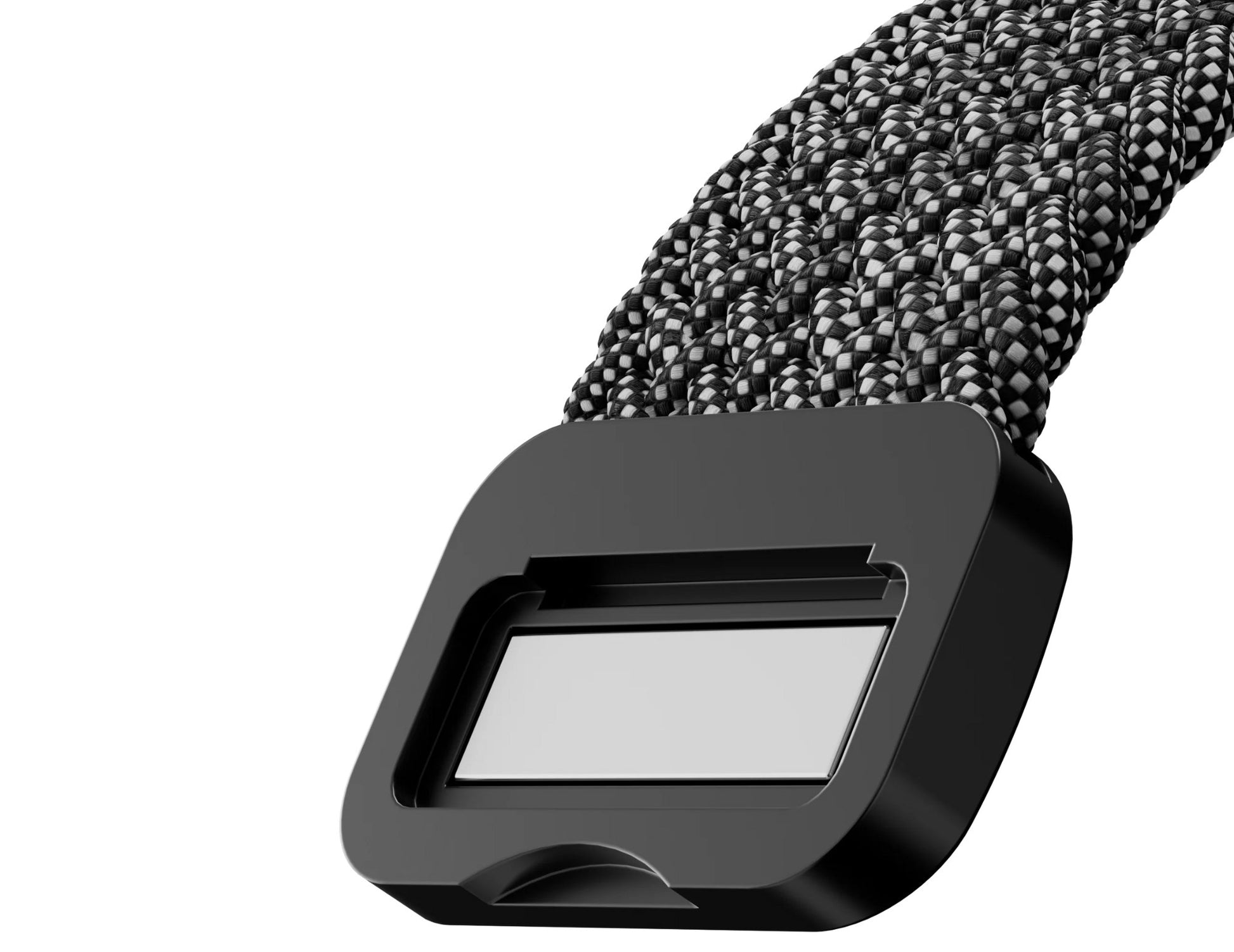 Close-up of a black metal buckle with a textured rope background.
