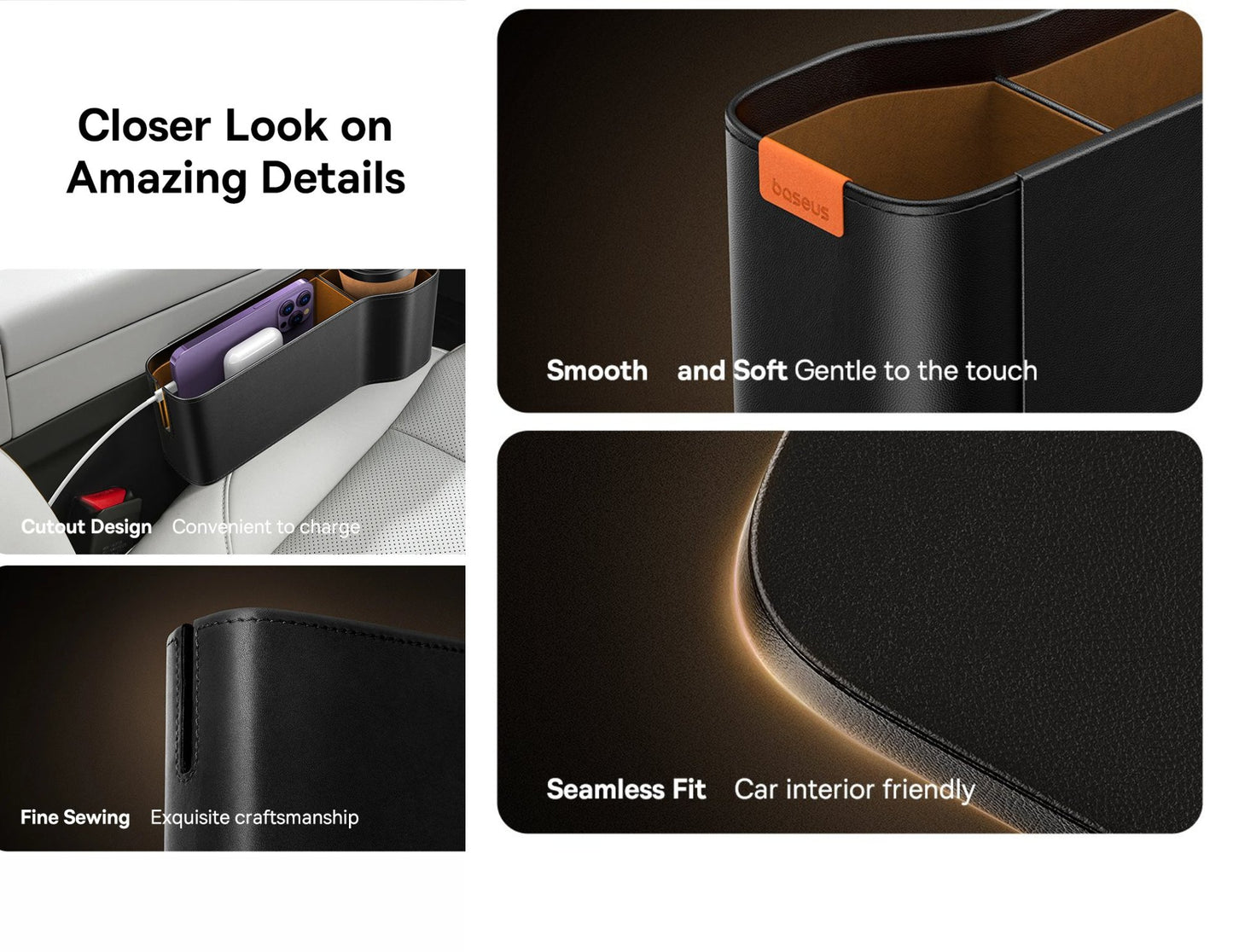 Car organizer with close-up details on texture, fit, and design.