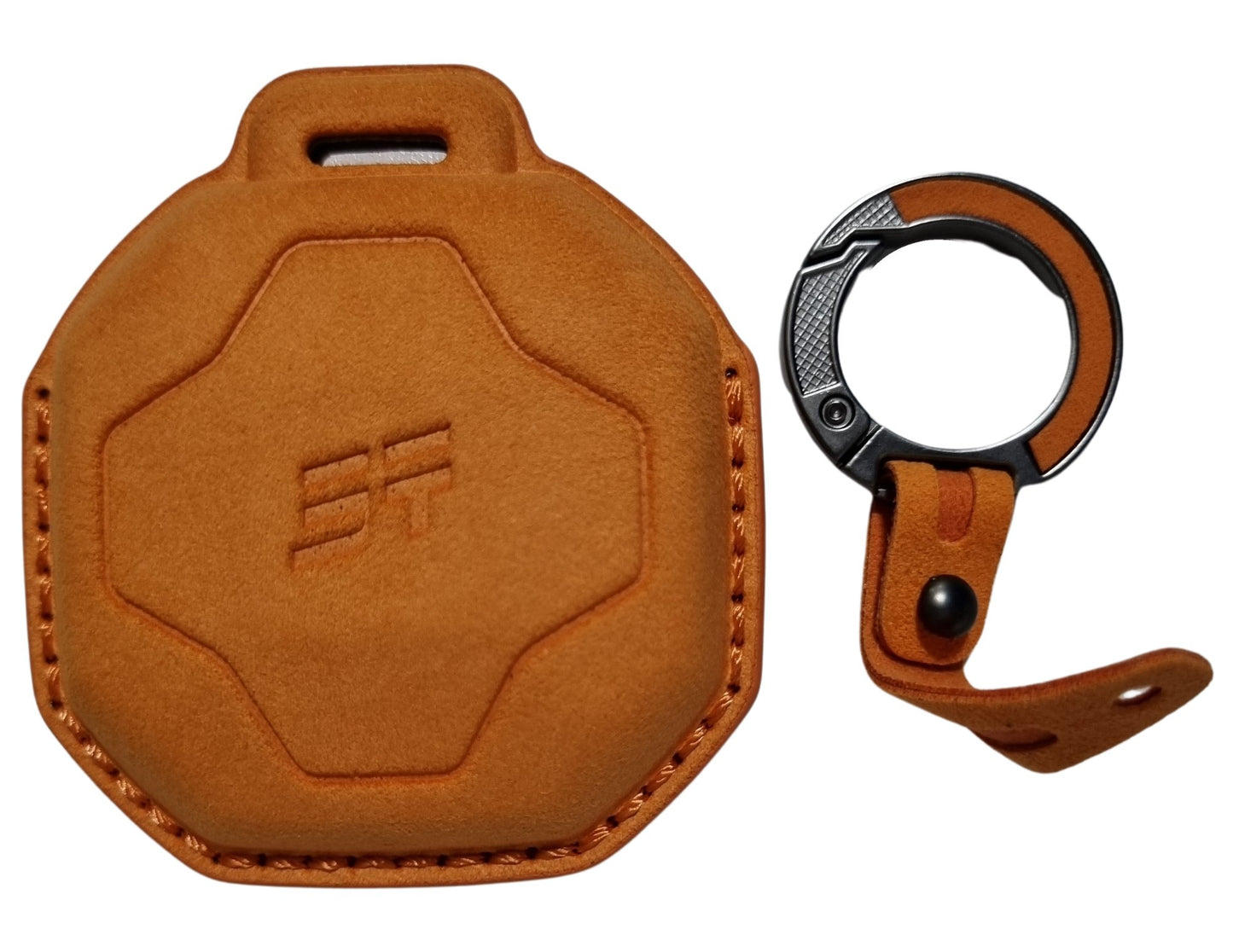 Jetour T2 Car Key Cover – Alcantara / Leather Finish with a carabiner on a white background