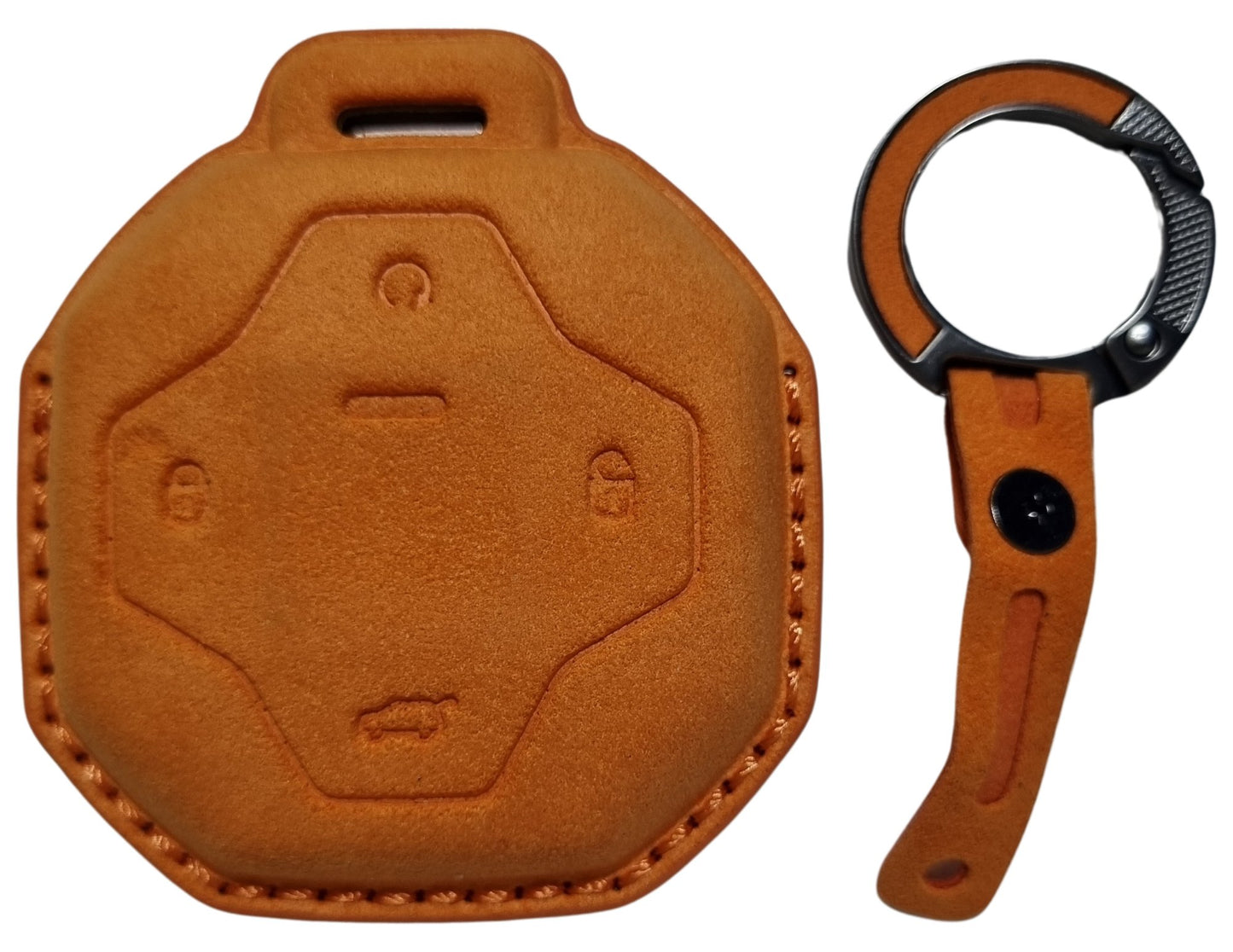 Jetour T2 Car Key Cover – Alcantara / Leather Finish and keychain on a white background