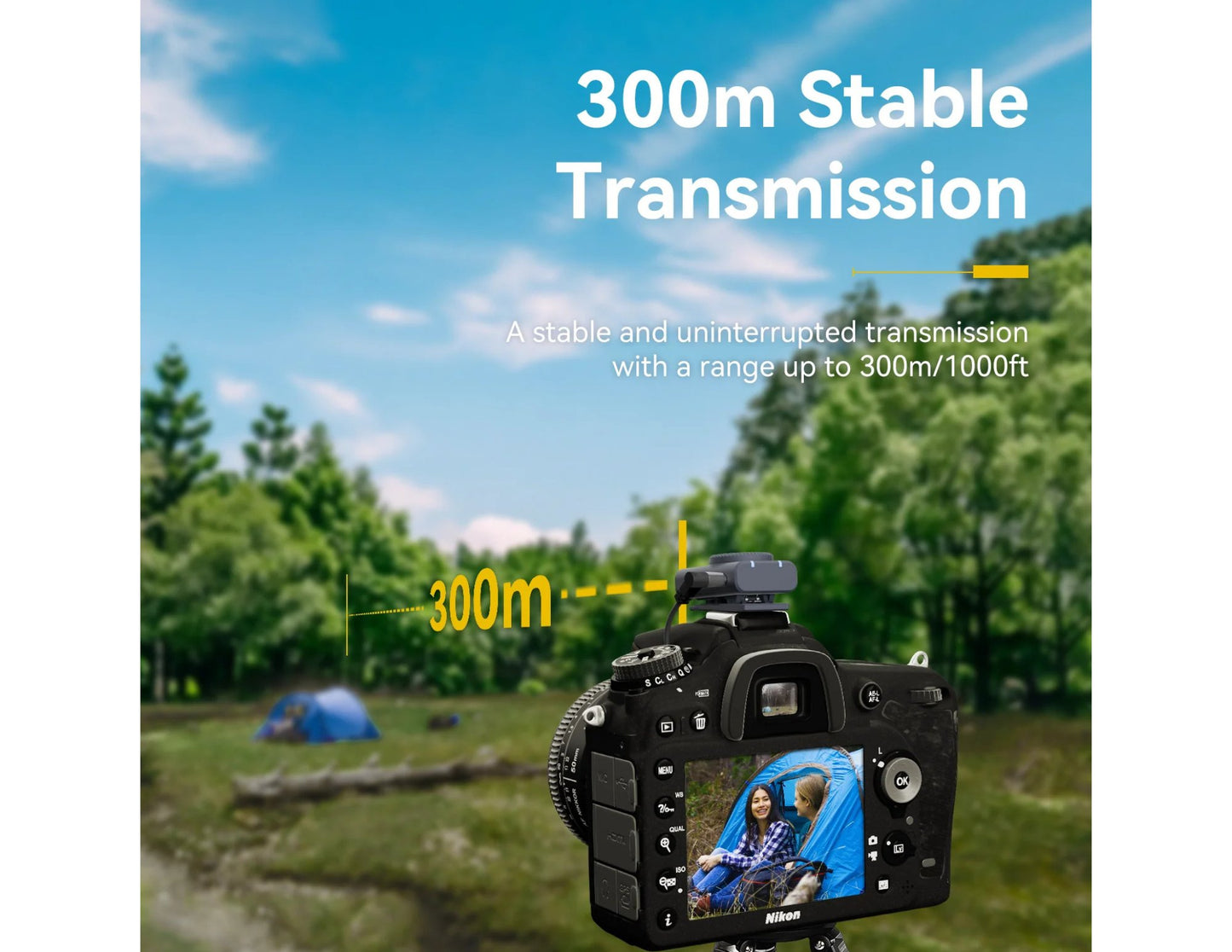 Camera with a scenic background and text about stable transmission range.
