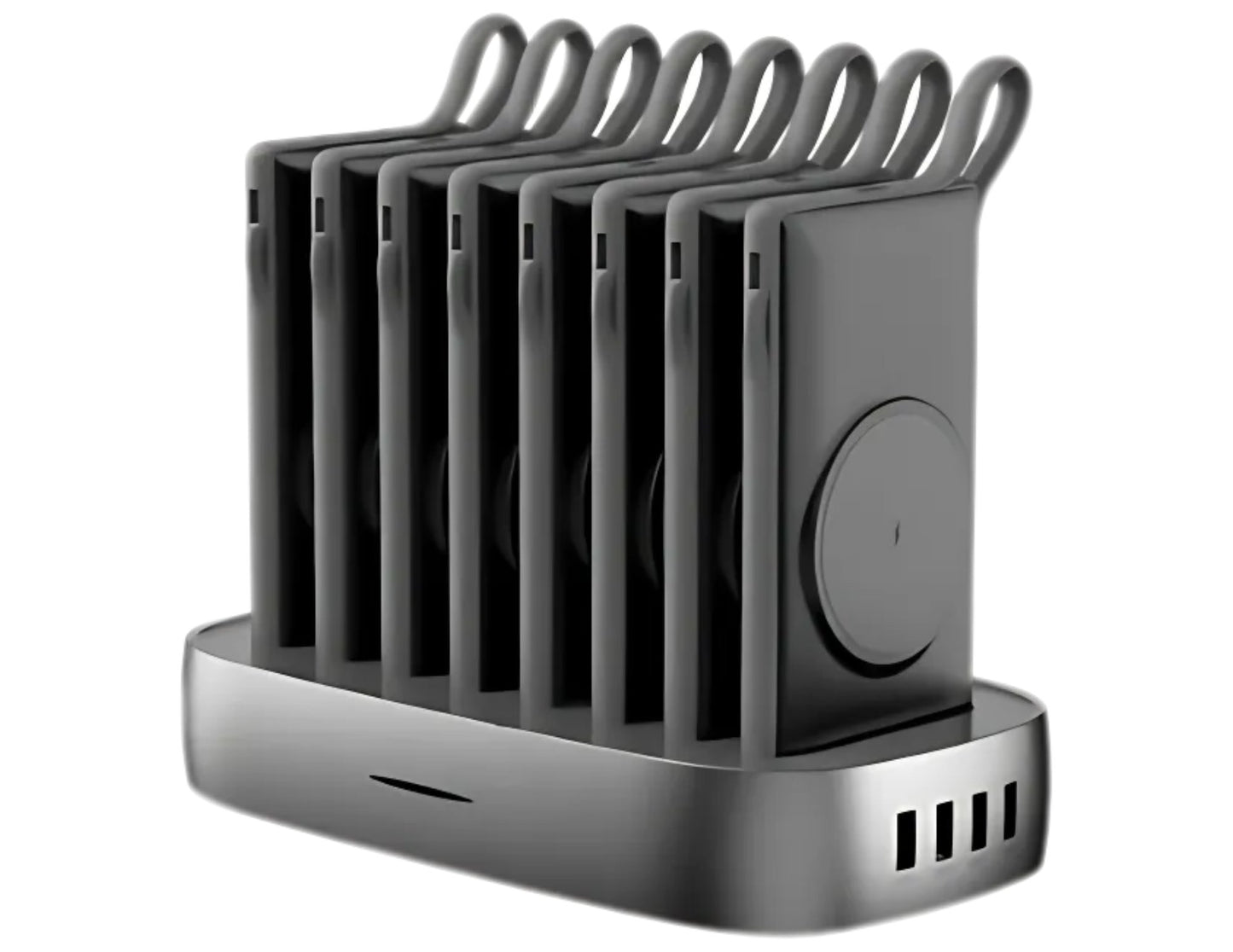 Black electronic device with spiral design on a white background