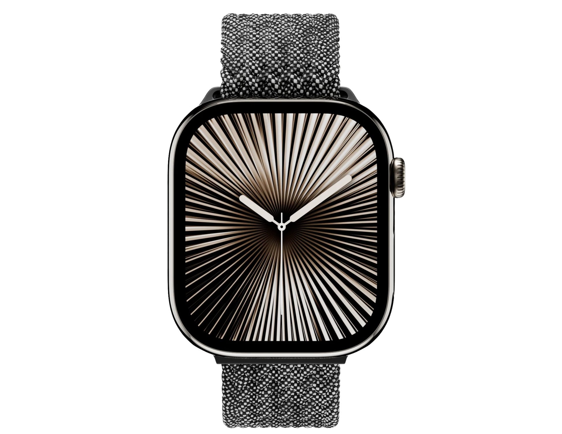 Smartwatch with black face and gray mesh band on white background