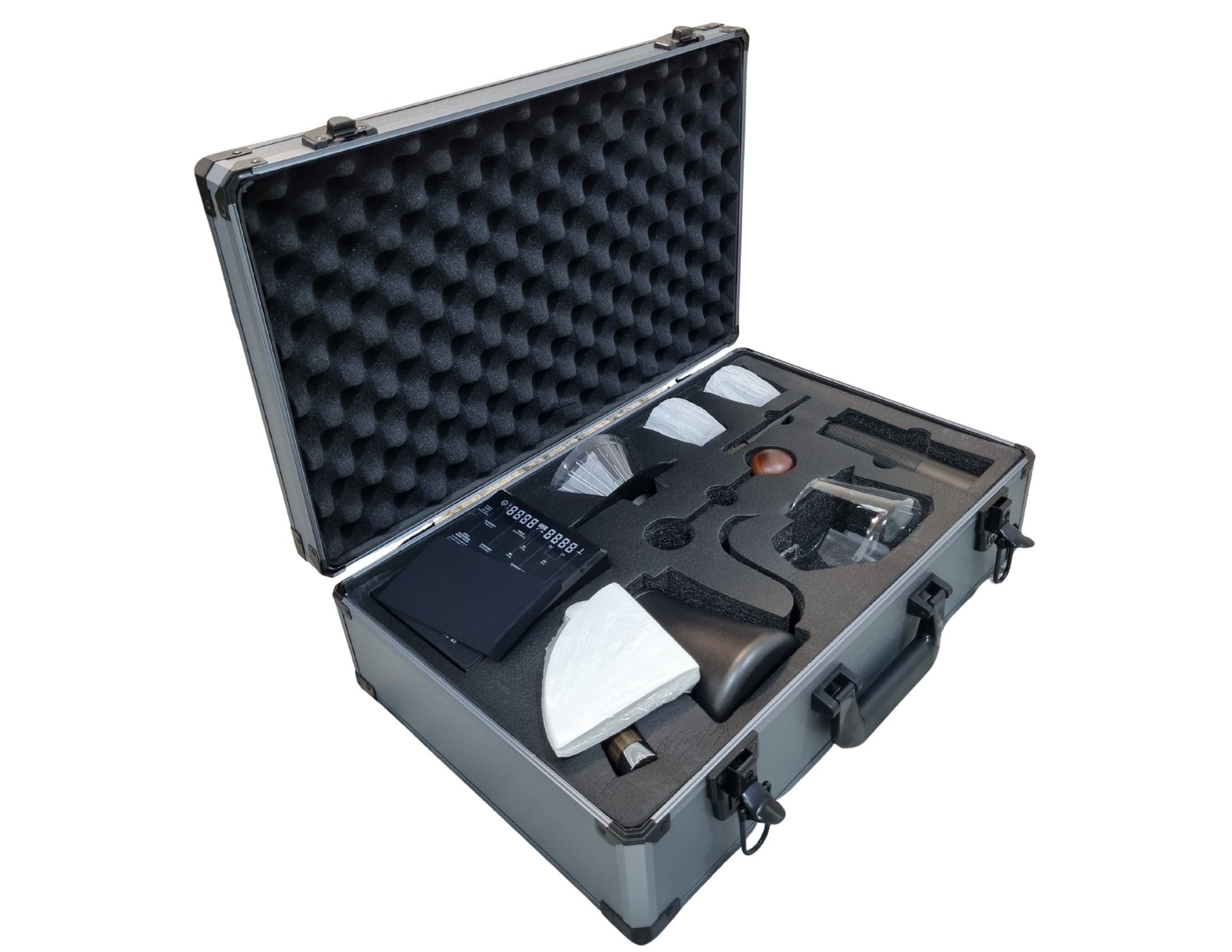 Tool kit with various tools inside a gray case on a white background