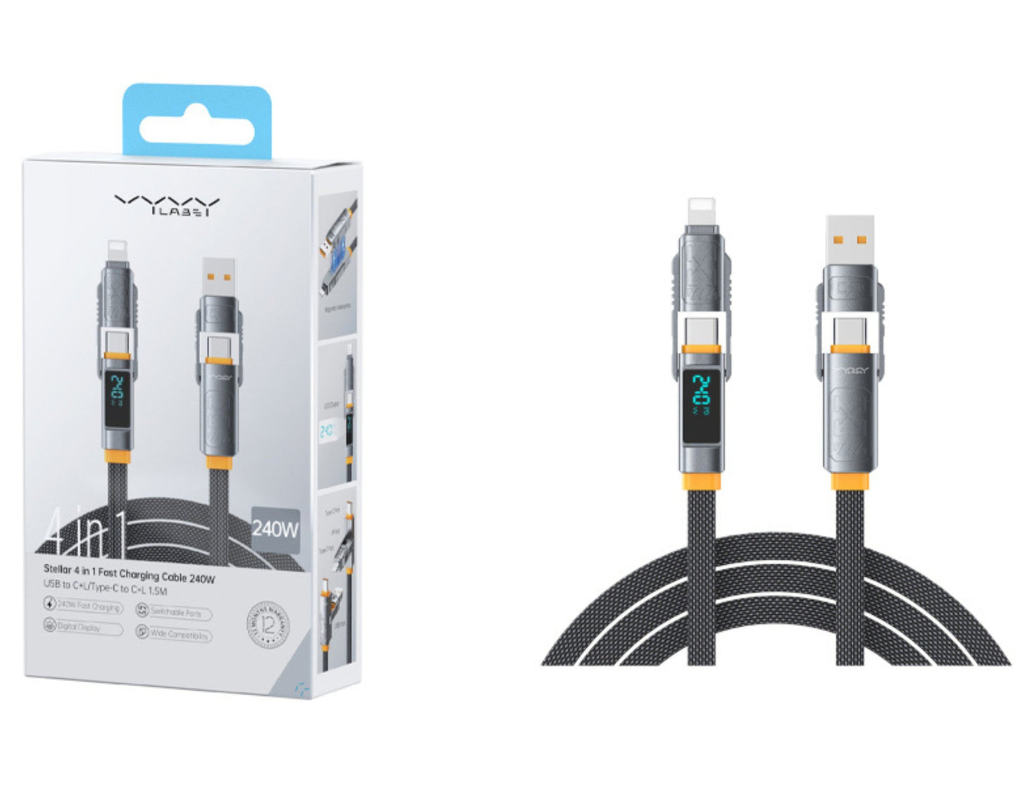 كابل شحن سريع Stellar 4 في 1 من Vyvylabs بقوة 240 واط - USB وType-C إلى C + Lightning (VCXQ-DGY)