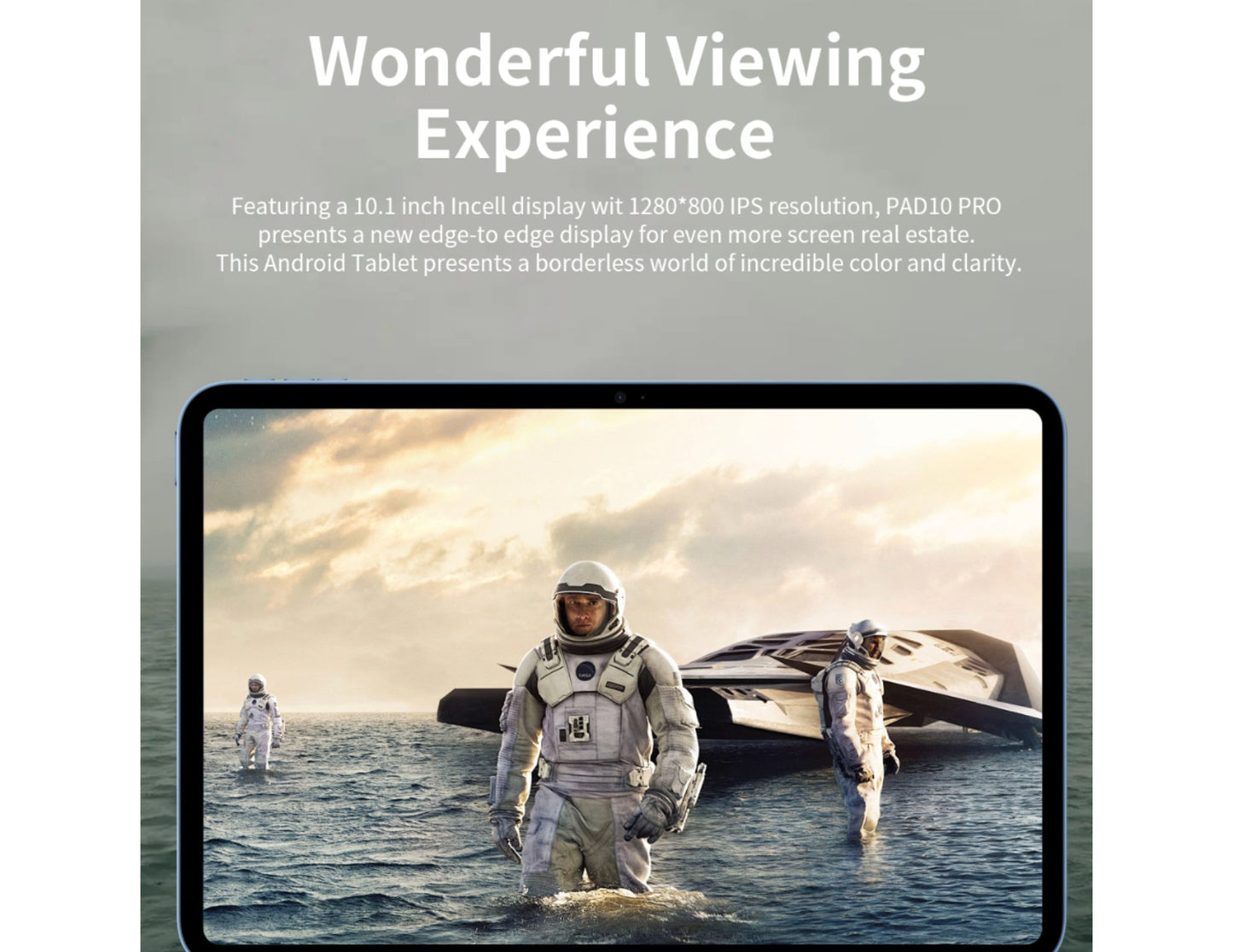 G-Tab PAD 10 Pro – 10.1" IPS Tablet (Android 14, 10GB RAM, 128GB ROM, 6580mAh, 5G WiFi) displaying an astronaut scene with promotional text about screen resolution and display quality.