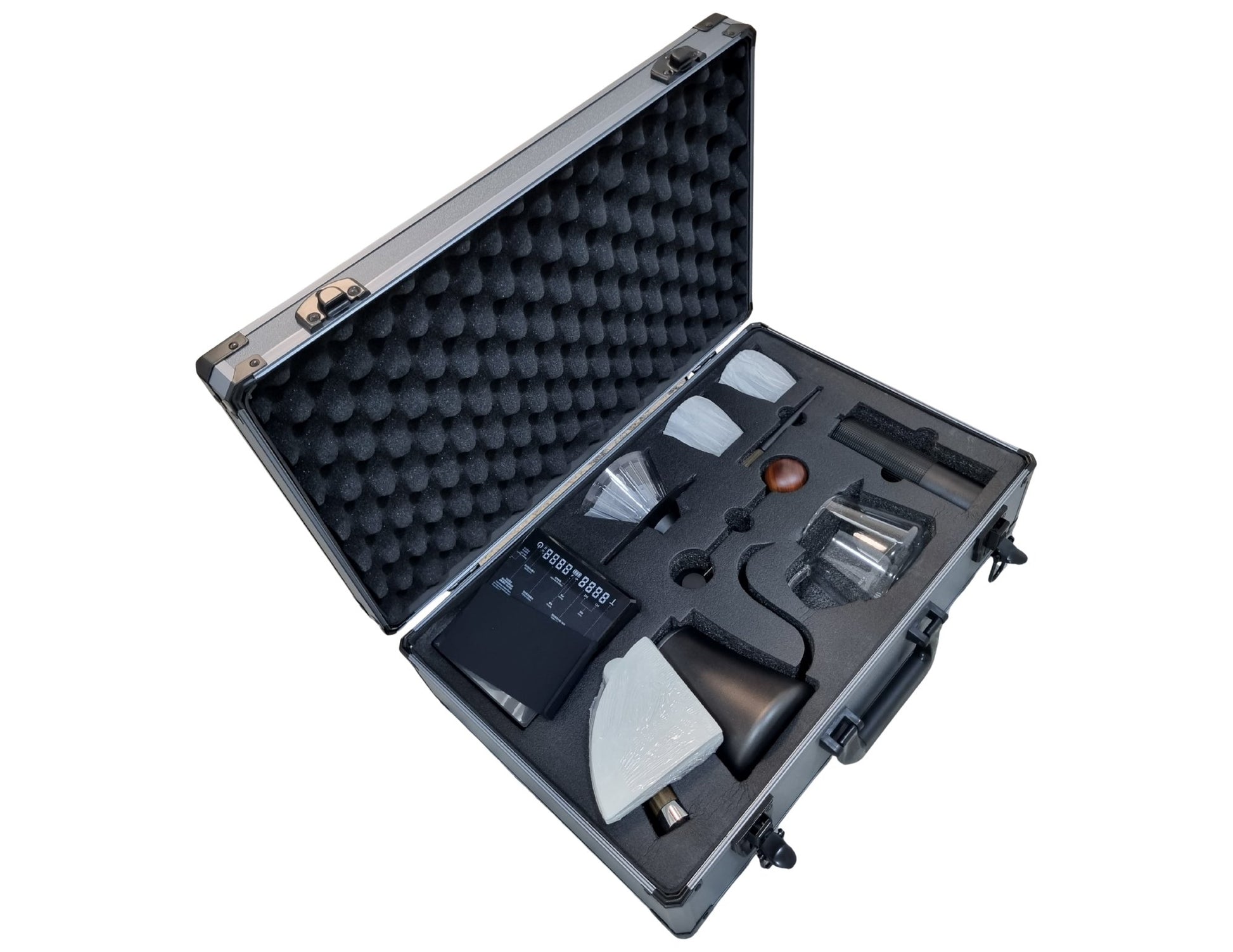 Black tool case with foam lining containing various tools on a white background