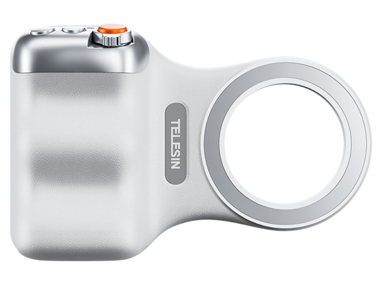 Silver camera lens with 'Telesin' branding on a white background