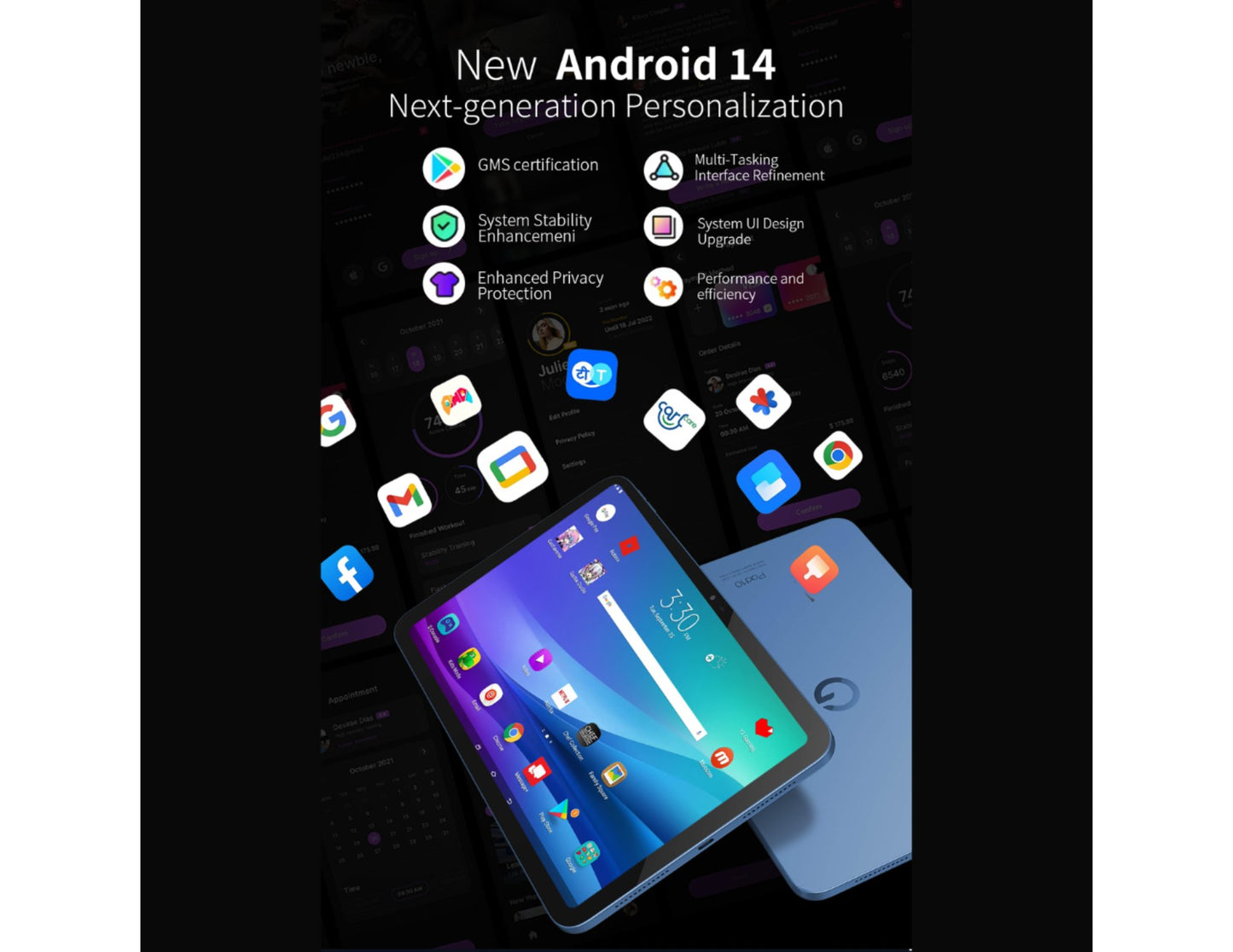 Advertisement for New Android 14 with app icons on a G-Tab PAD 10 Pro – 10.1" IPS Tablet (Android 14, 10GB RAM, 128GB ROM, 6580mAh, 5G WiFi) screen.
