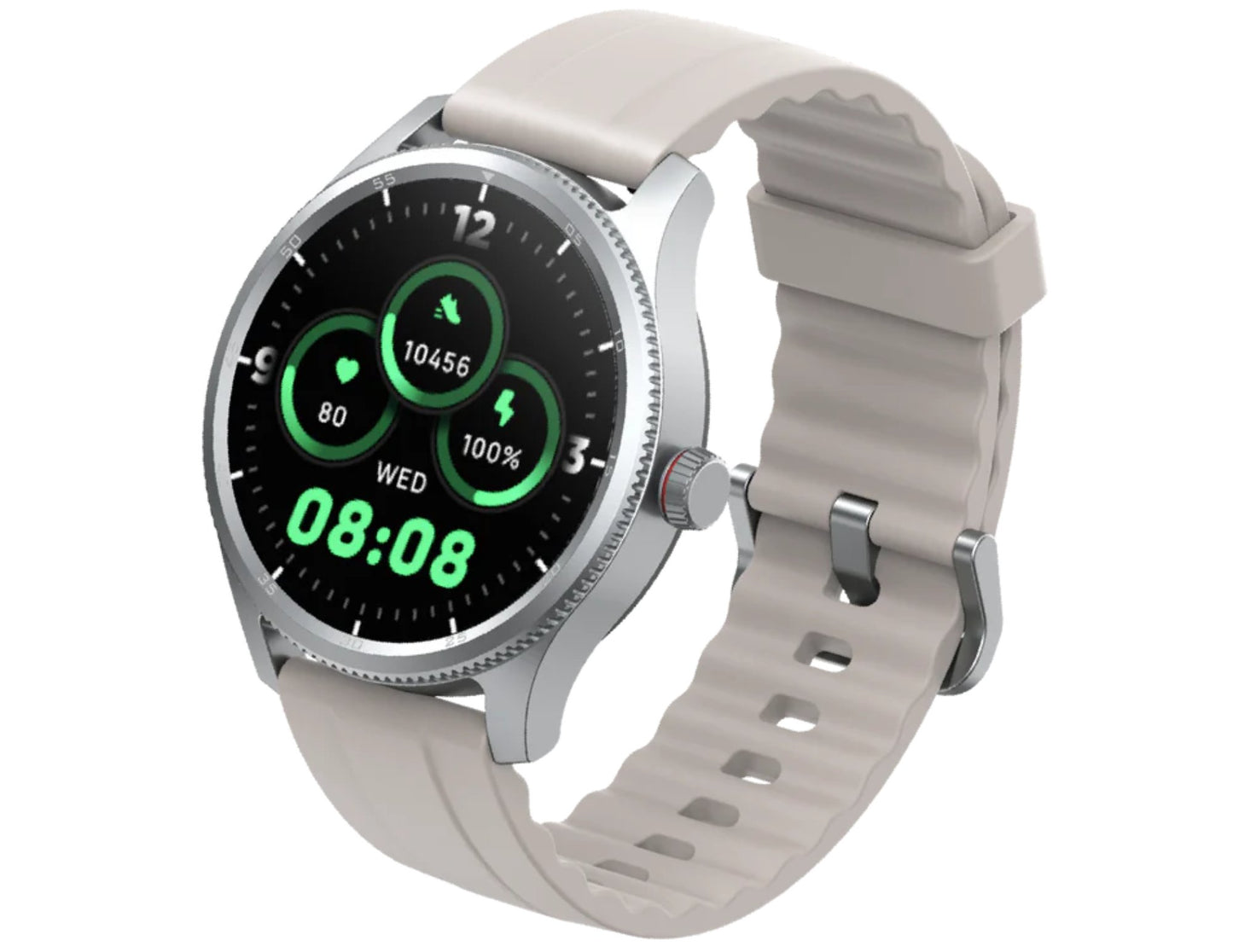 Smartwatch with a beige strap on a white background
