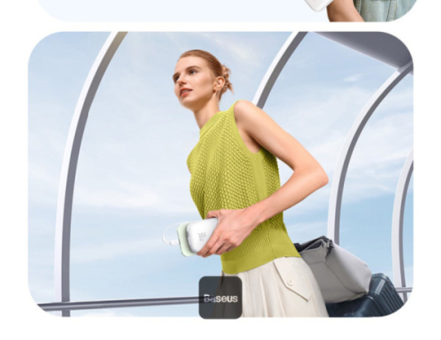 Woman holding a white device with a blue sky background