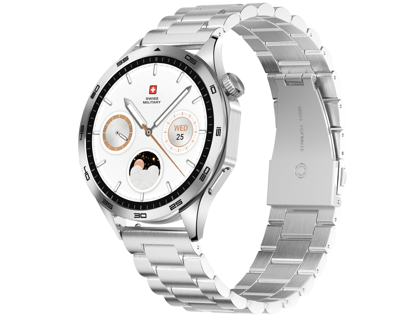 Silver smartwatch with detailed face on a white background