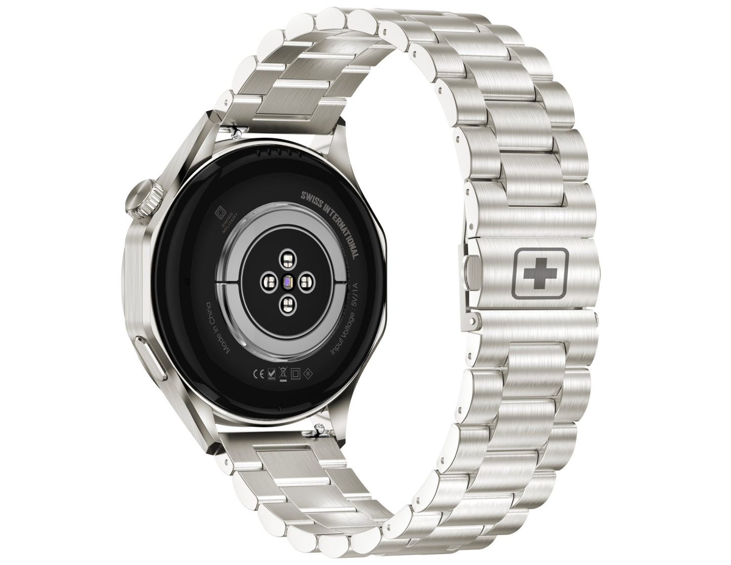 Silver smartwatch with metal band on a white background