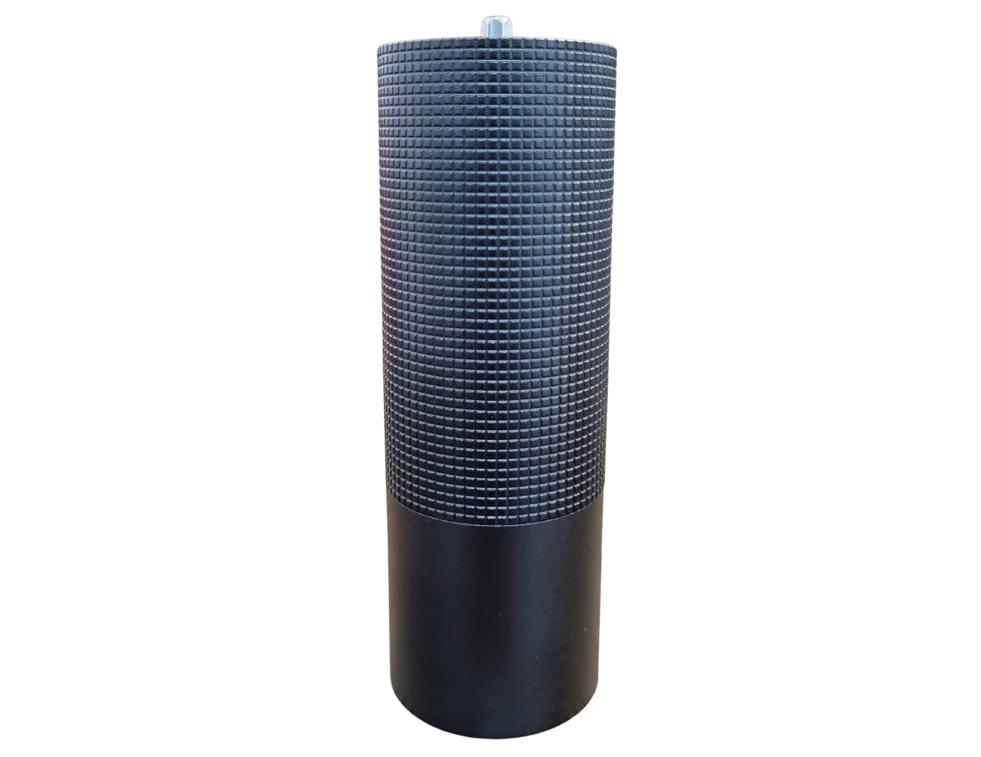 Cylindrical black object with grid pattern on a white background