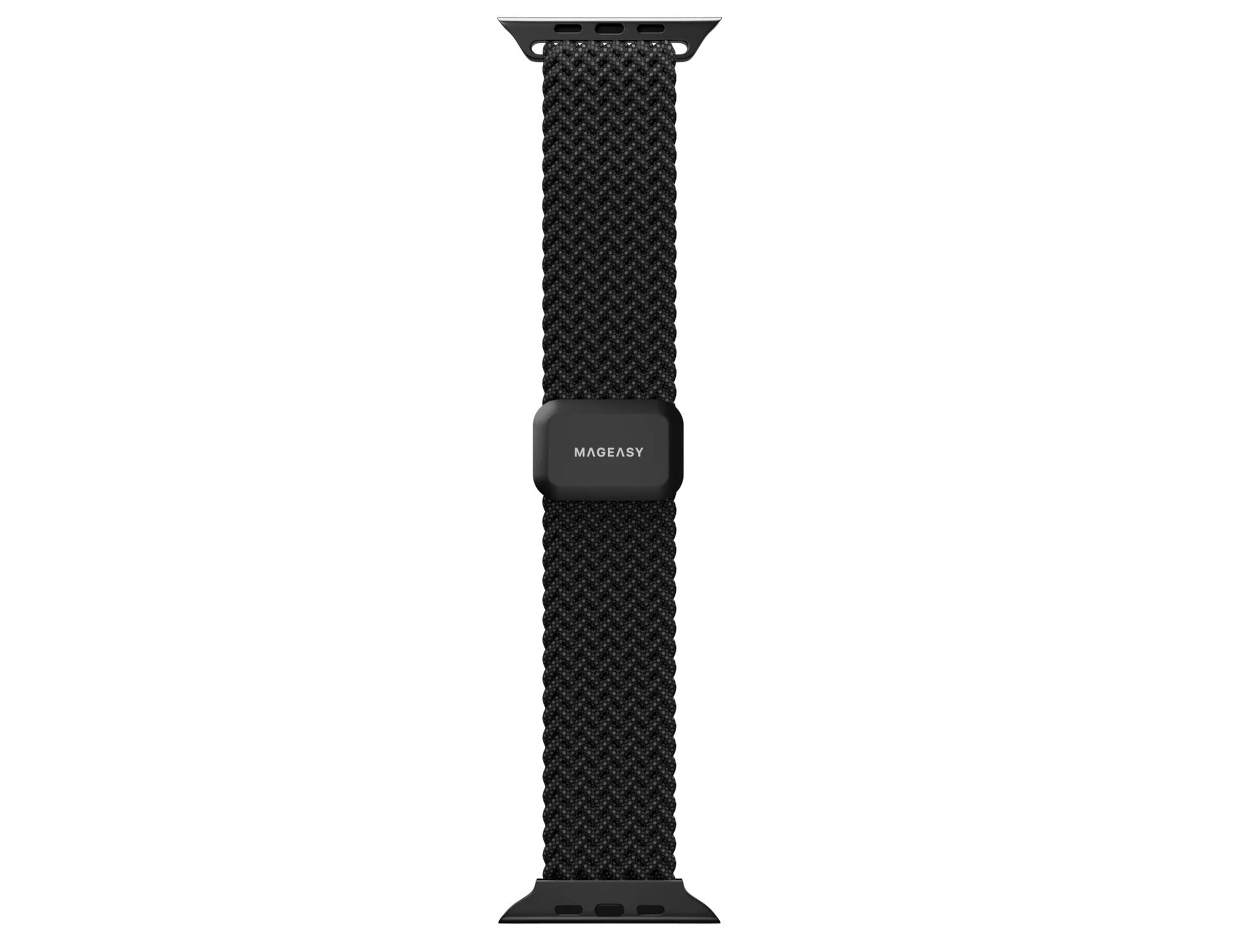 Black woven smartwatch band on a white background