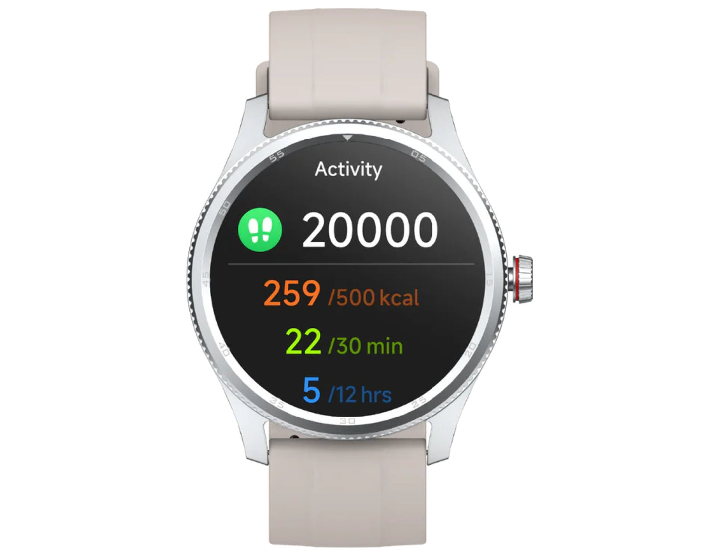 Smartwatch with a gray band displaying activity metrics on a white background