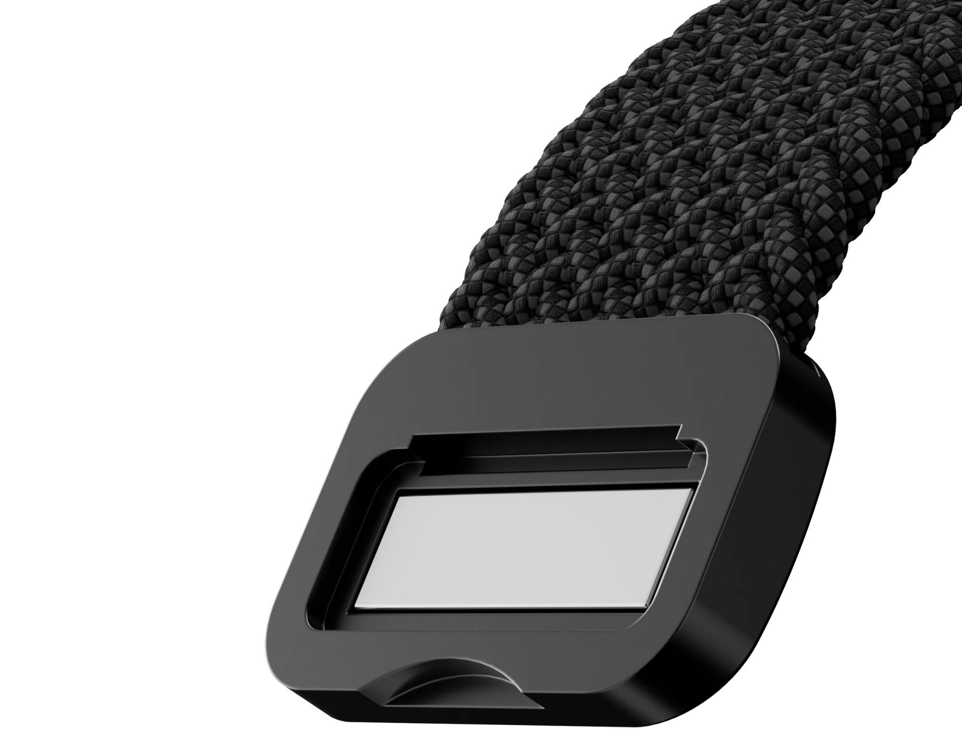 Close-up of a black belt buckle on a white background.