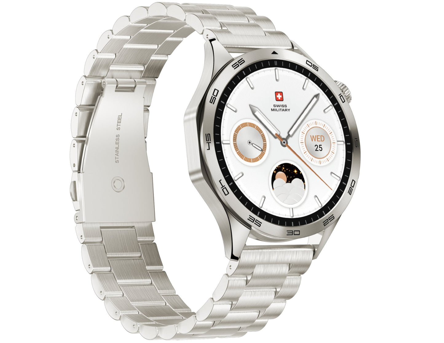 Silver smartwatch with a detailed face on a white background