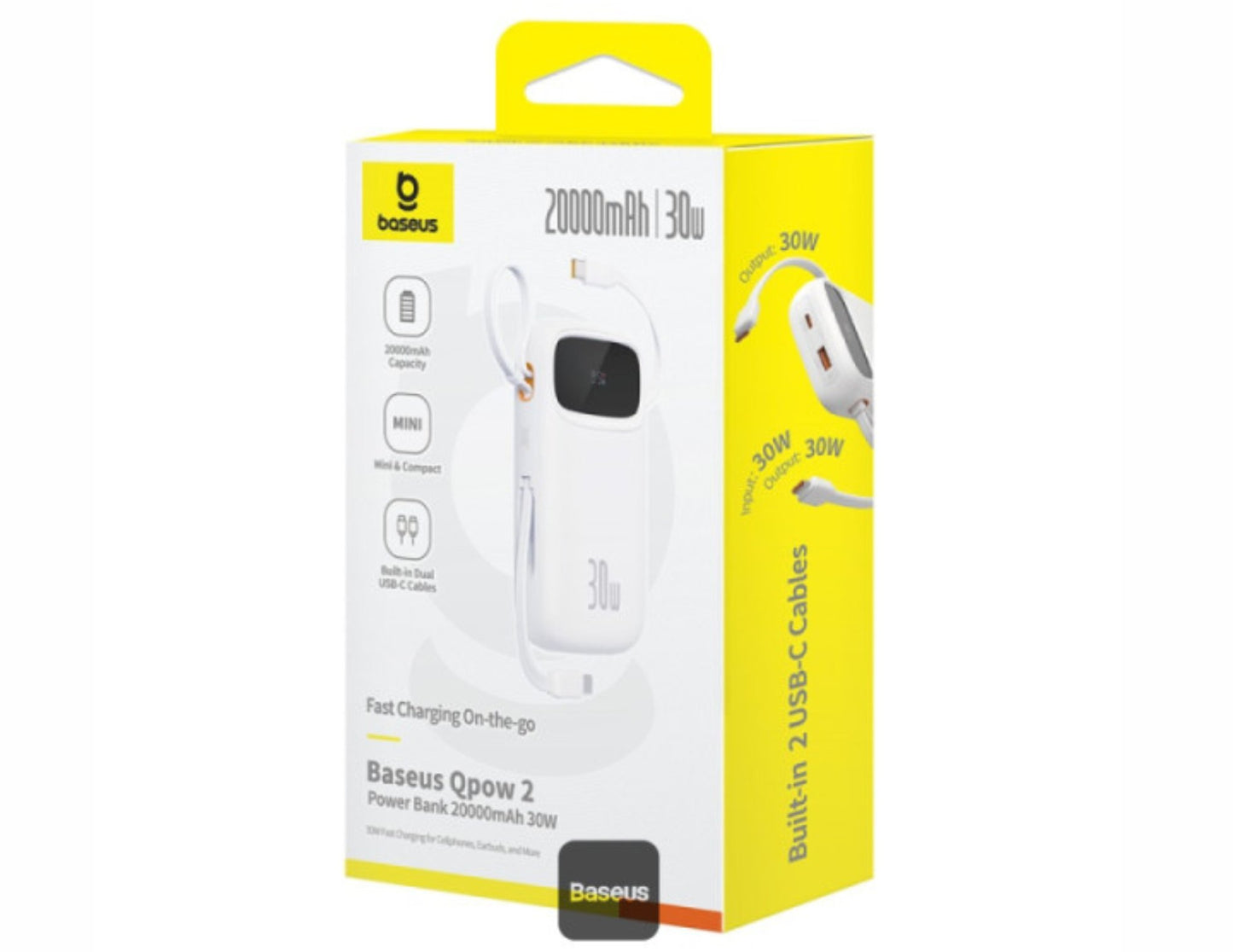 Baseus power bank packaging with yellow and white design on a white background