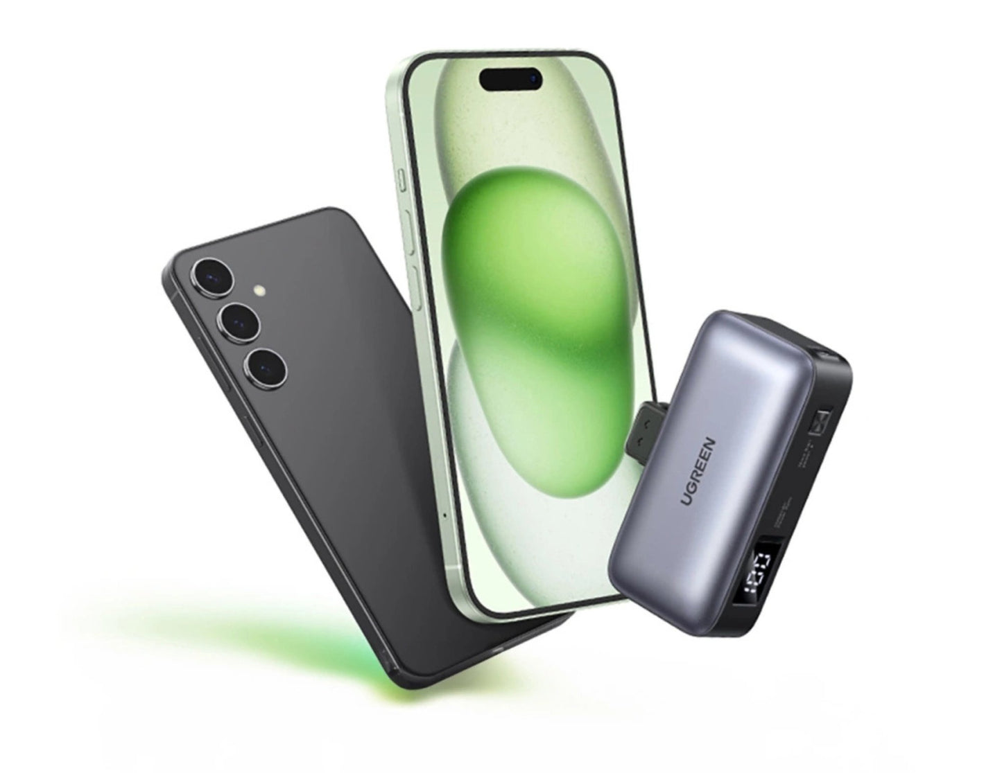 Smartphone with green screen, black phone case, and UGREEN Nexode 5000mAh 20W Power Bank with Built-in USB-C Connector – PB503 on a white background