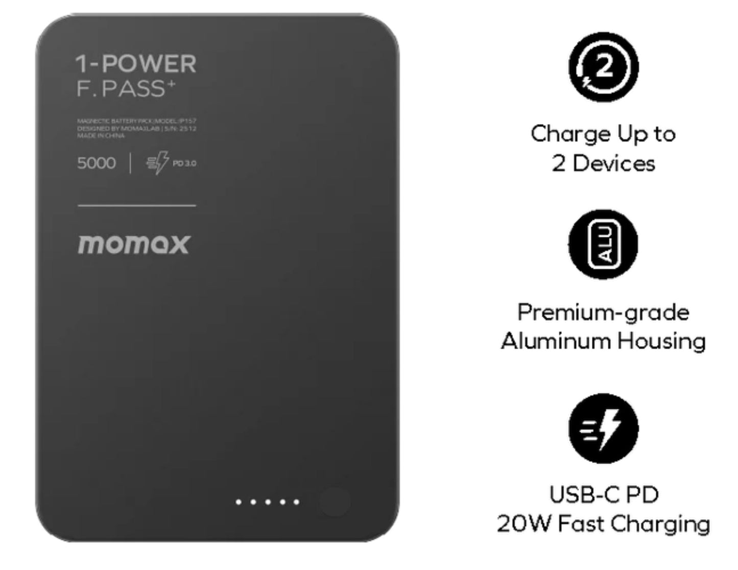 Momax F.Pass+ 5000mAh Magnetic Power Bank with USB-C Cable, 20W Fast Charging, Ultra-Slim Design