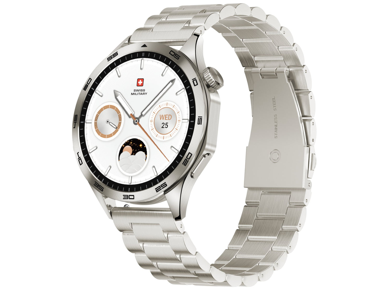 Silver smartwatch with a detailed face on a white background