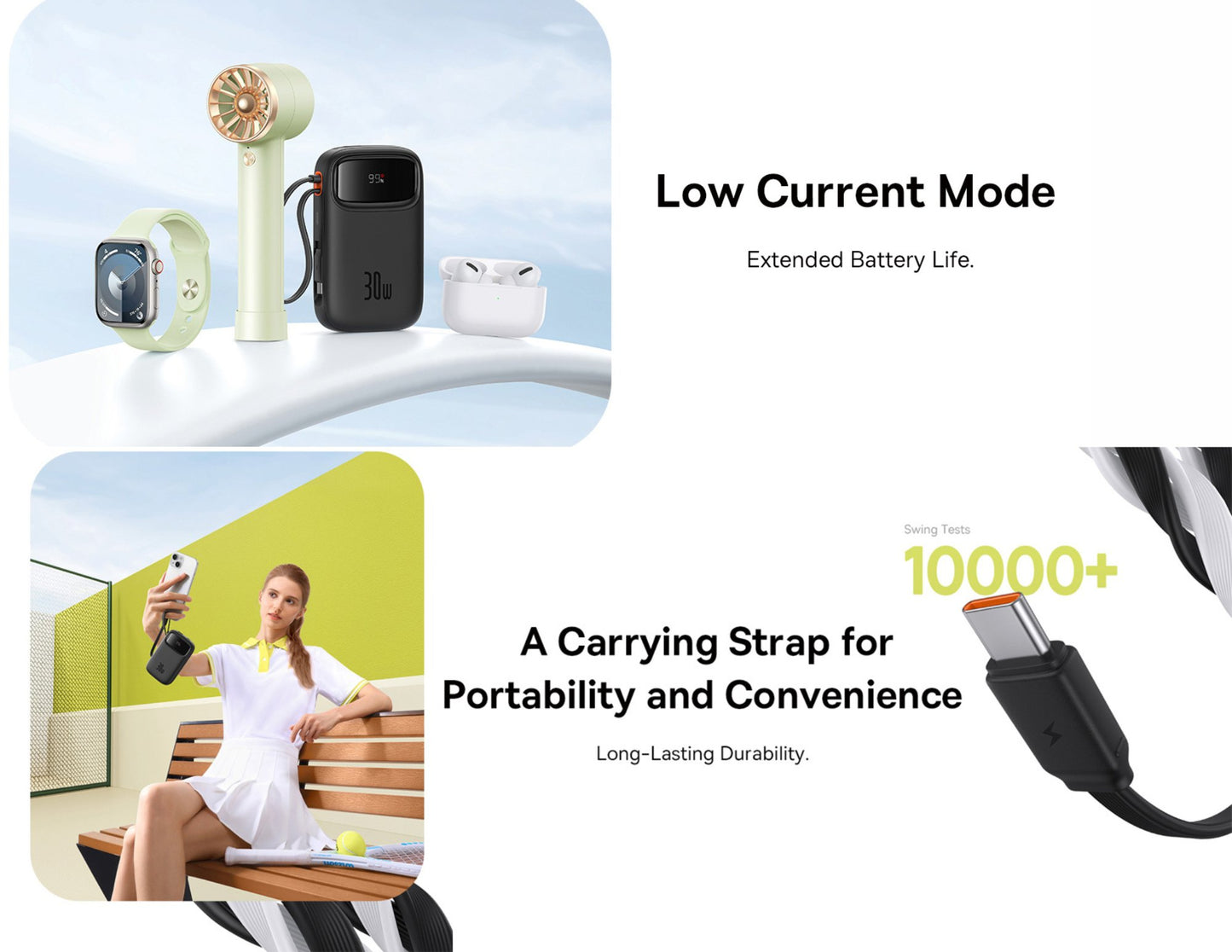 Product advertisement with electronic devices and a woman holding a phone, featuring text about low current mode and carrying strap.