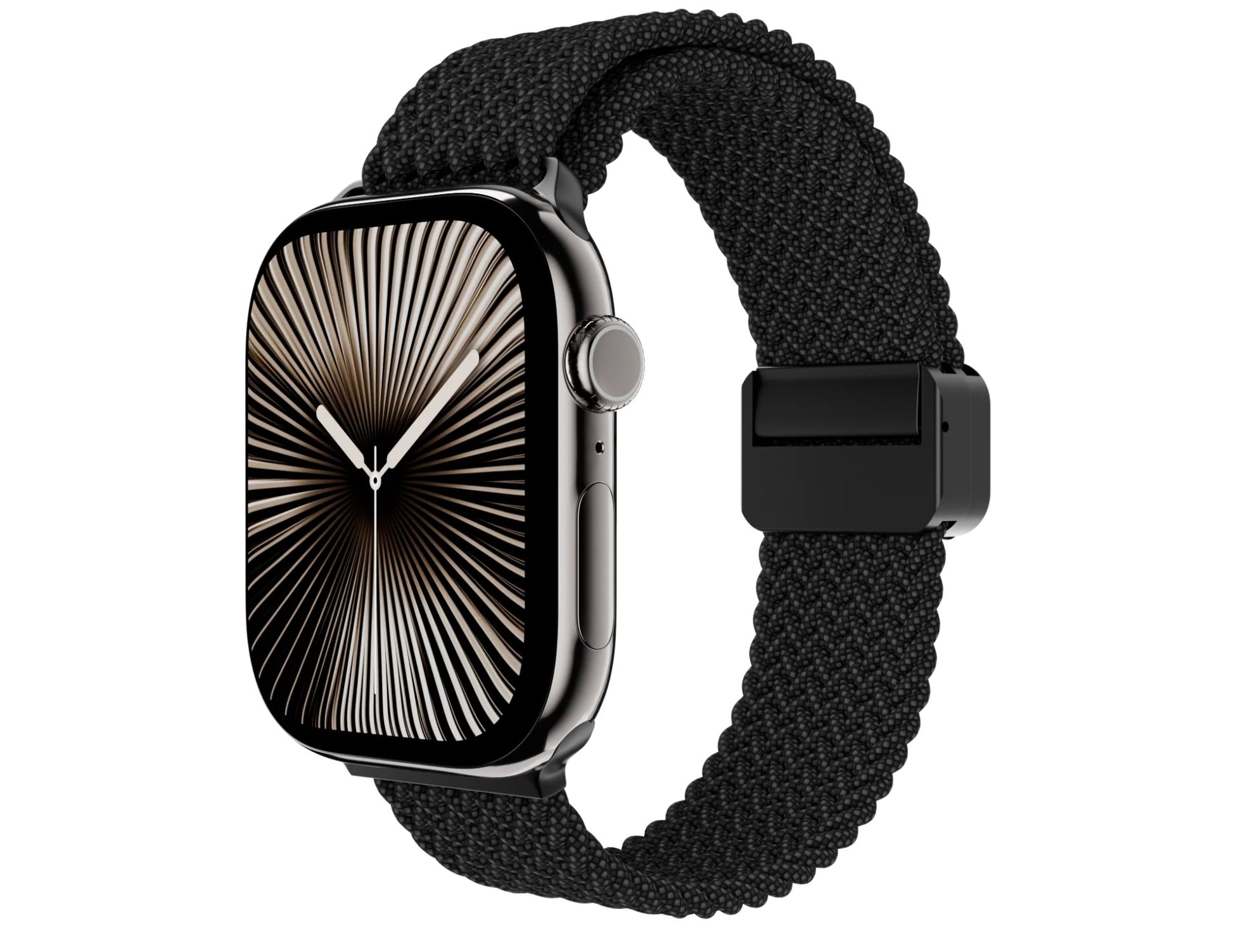 Smartwatch with black textured band on white background