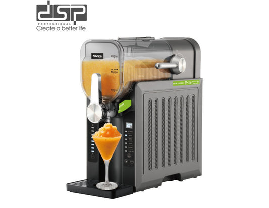 DSP Slushie & Frozen Drink Maker – KJ3085 with a glass of orange juice and a green leaf on a white background.