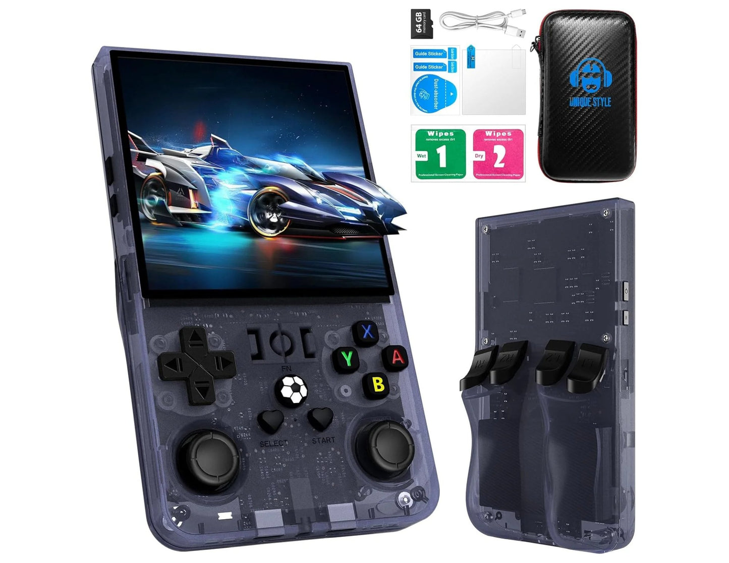 Gray R36Max Handheld Game Console 64GB TF Card on a white background.