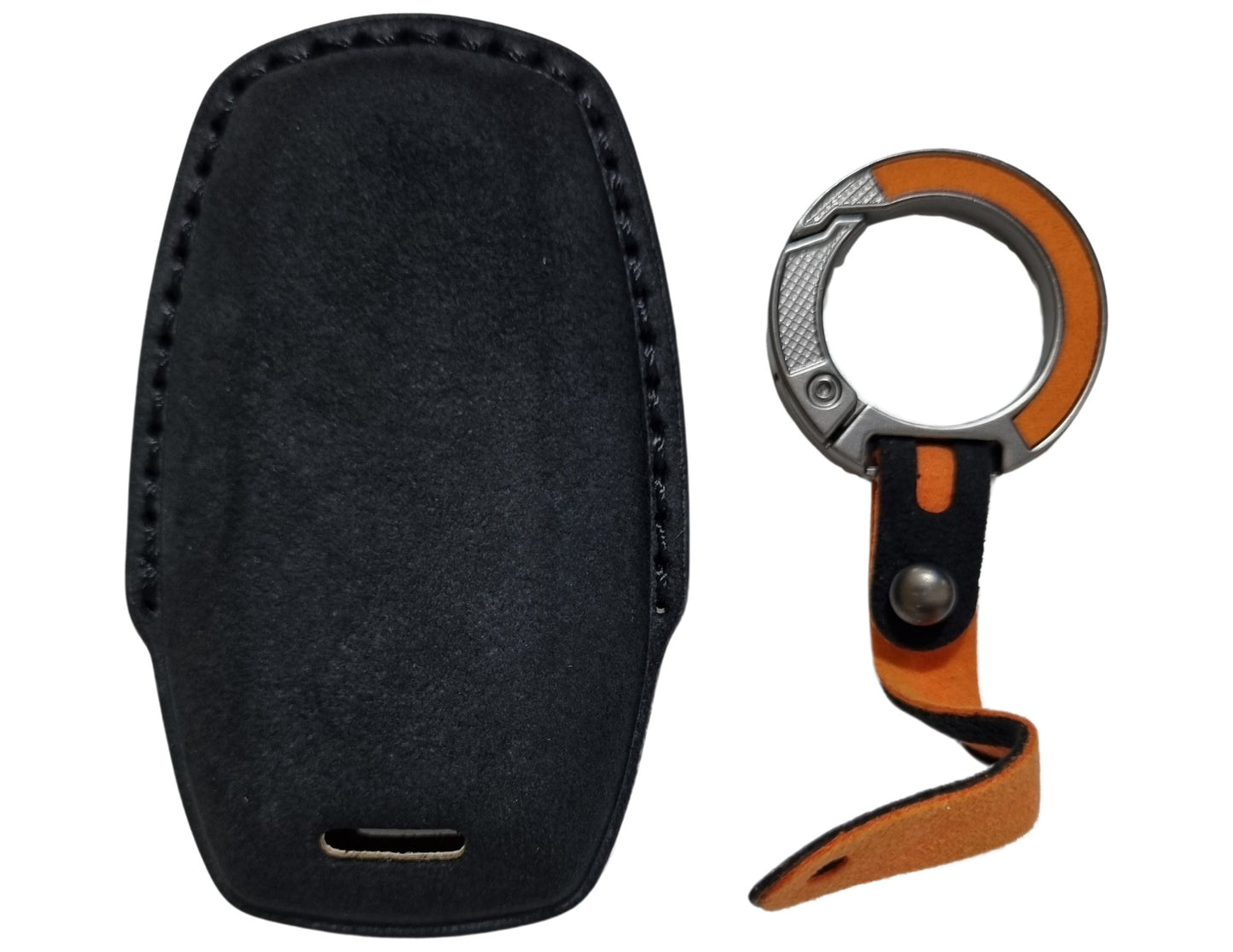 Black Car Key Cover for Haval H9 – Alcantara or Leather and orange keychain on a white background