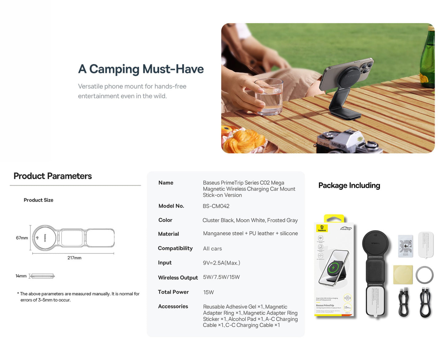 Camping phone mount product with packaging and usage scenario on a table.