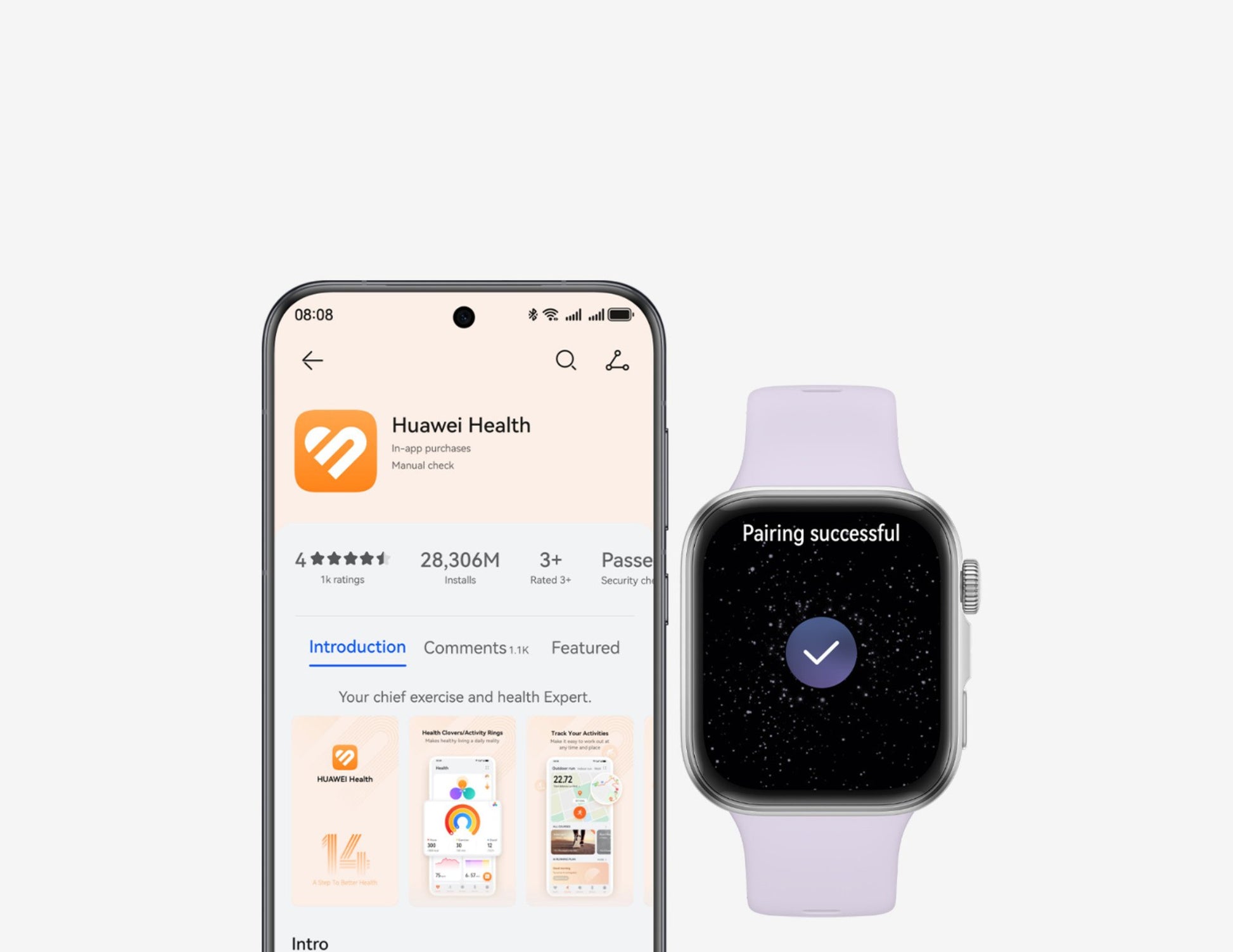 Smartphone displaying Huawei Health app with a connected smartwatch showing 'Pairing successful' message on a white background.