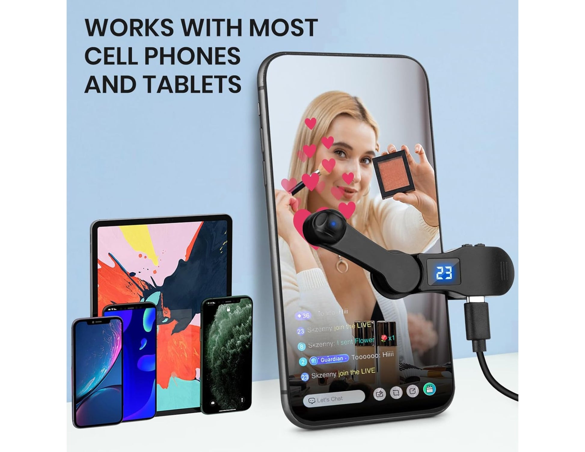 Smartphone with a camera attachment displaying a live stream, surrounded by other smartphones on a light blue background.